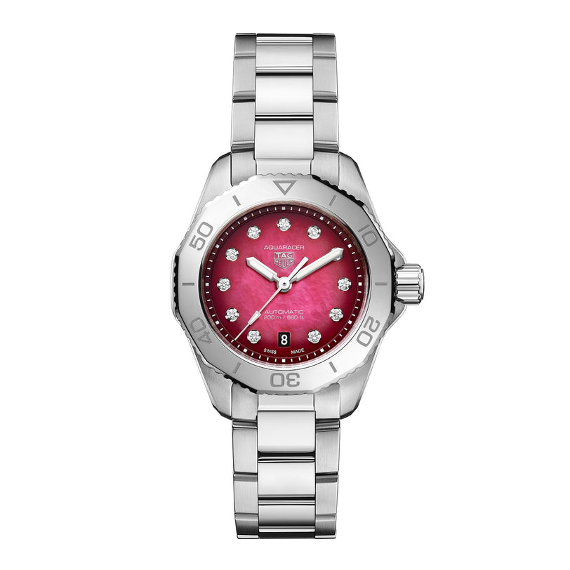 The TAG Heuer Aquaracer Professional 200 Date is a silver stainless steel watch with a red dial, diamond hour markers, unidirectional bezel, and date display at 6 o’clock, inspired by sports watch design.