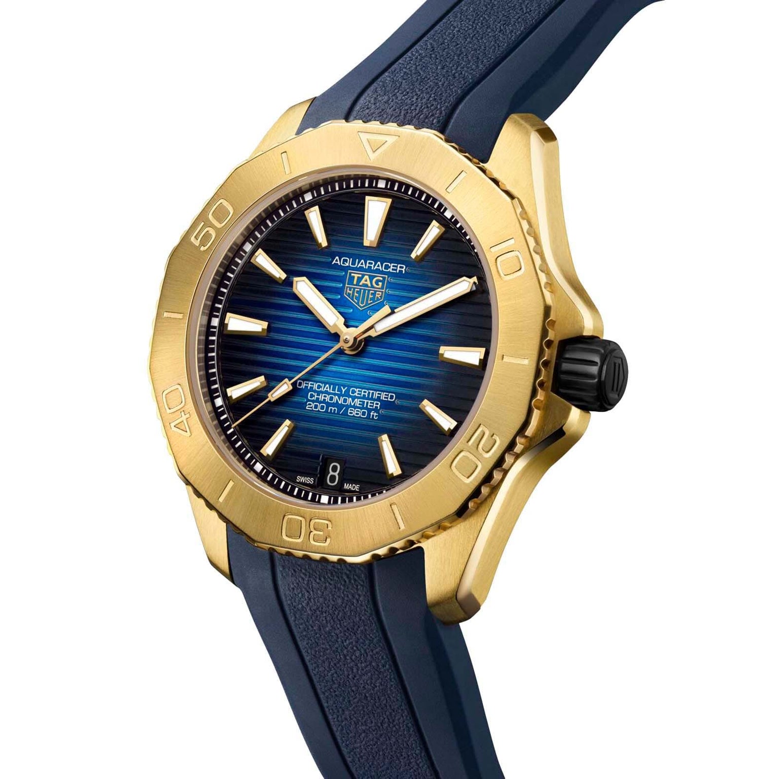 The TAG Heuer Aquaracer Professional 200 Date is a yellow gold-tone watch with a blue striped dial, TH31-00 calibre, and blue rubber strap, shown at 10:10.