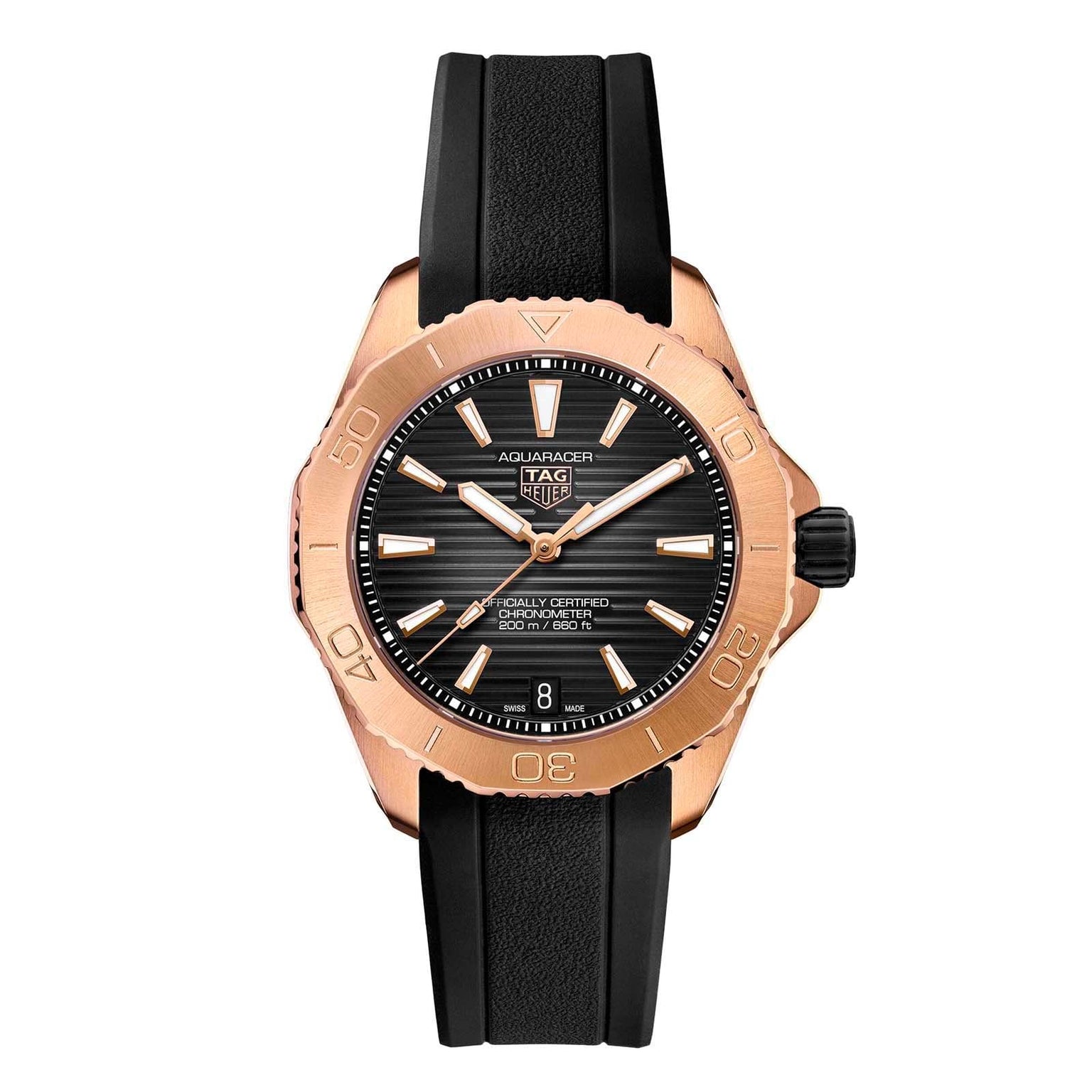 The TAG Heuer Aquaracer Professional 200 features a black strap, rose gold bezel, and a black textured dial.