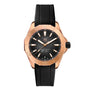 The TAG Heuer Aquaracer Professional 200 features a black strap, rose gold bezel, and a black textured dial.
