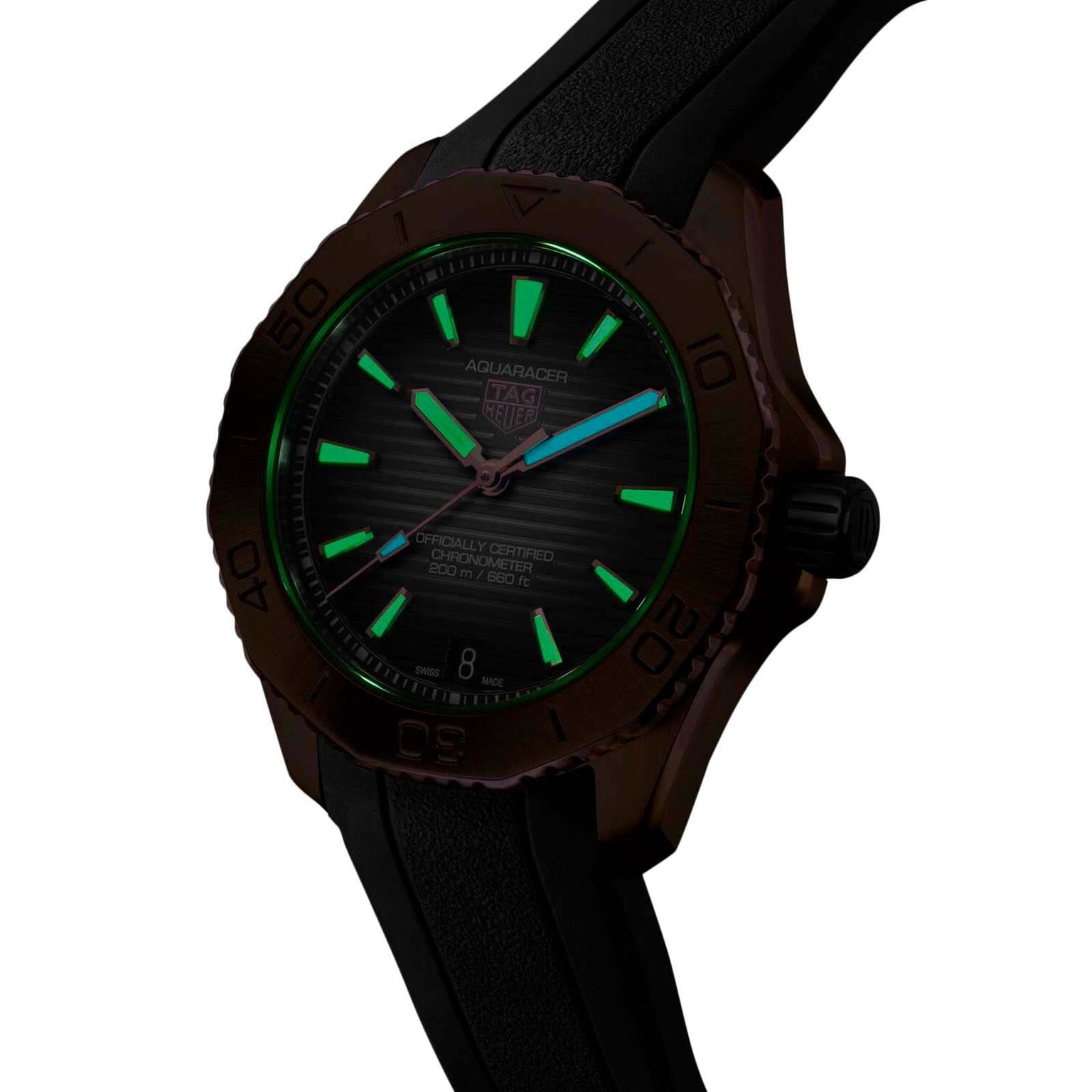 The TAG Heuer Aquaracer Professional 200 in black features luminous green markers and hands, a black bezel and strap, and the precise TH31-00 calibre movement, shown here in a dark setting.