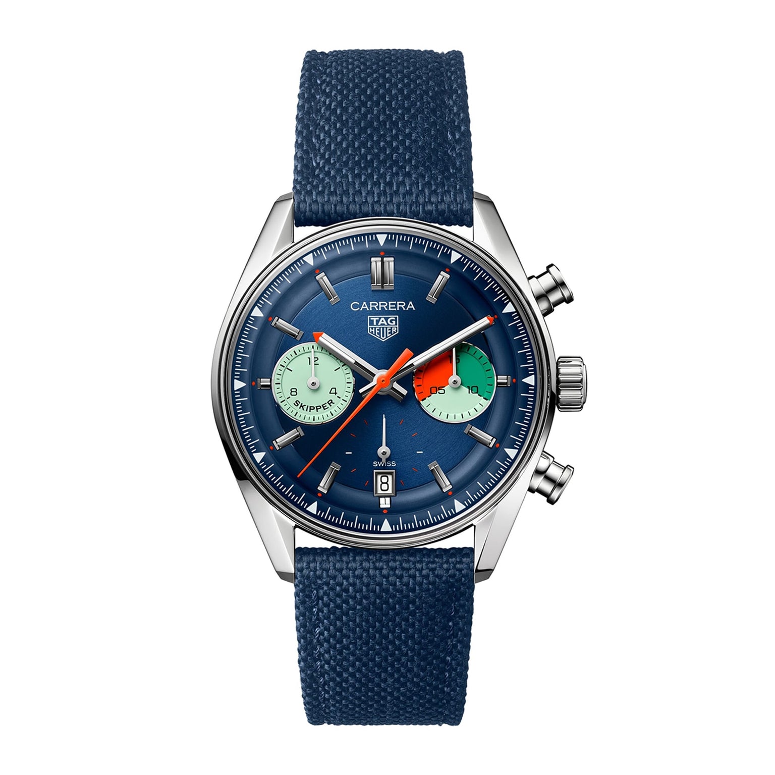 The TAG Heuer Carrera Chronograph Skipper features a blue dial and strap, two green subdials, a silver case, TH20-06 calibre movement, and a date display at 6 o’clock—taking inspiration from the Carrera Panamericana race.