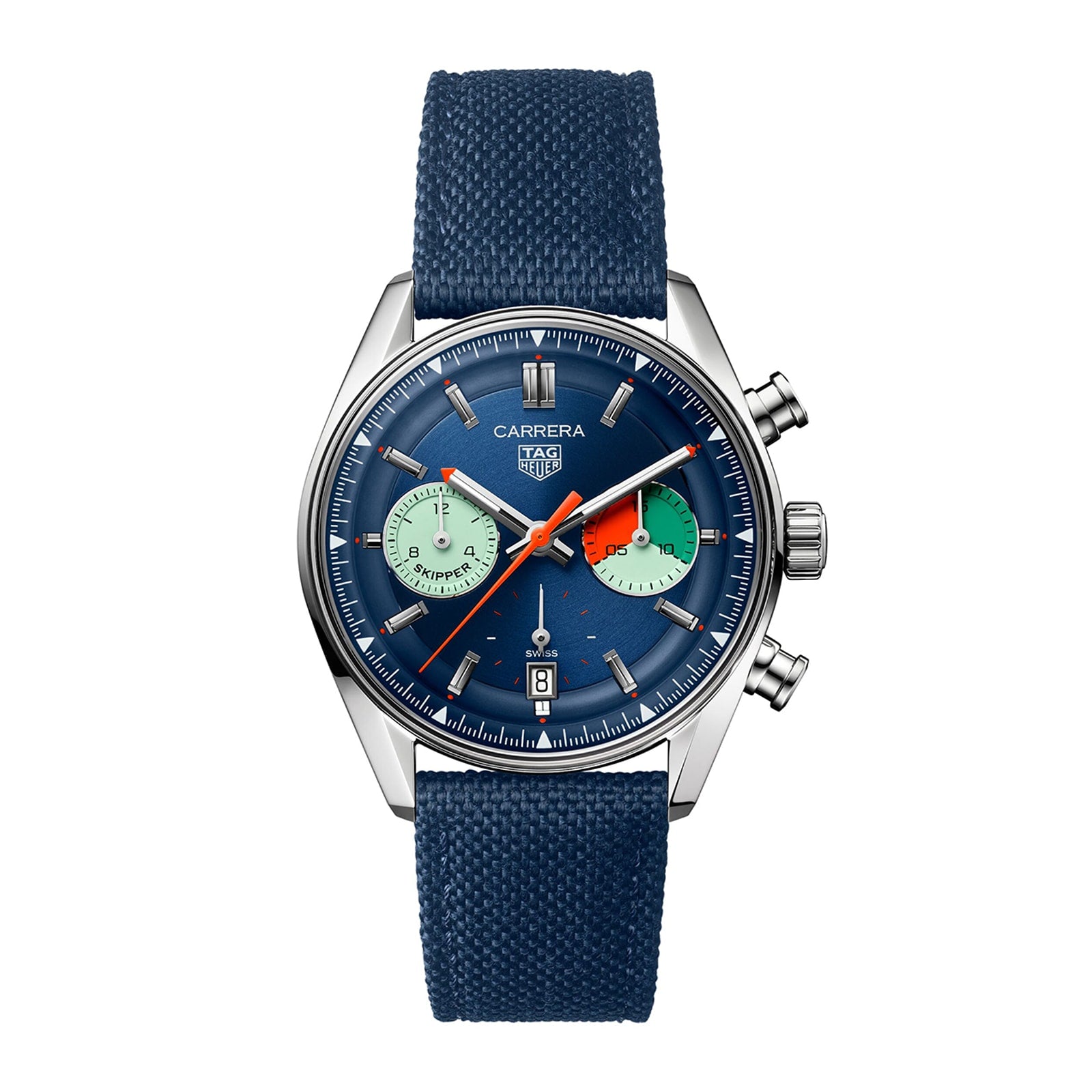 The TAG Heuer Carrera Chronograph Skipper features a blue dial and strap, two green subdials, a silver case, TH20-06 calibre movement, and a date display at 6 o’clock—taking inspiration from the Carrera Panamericana race.