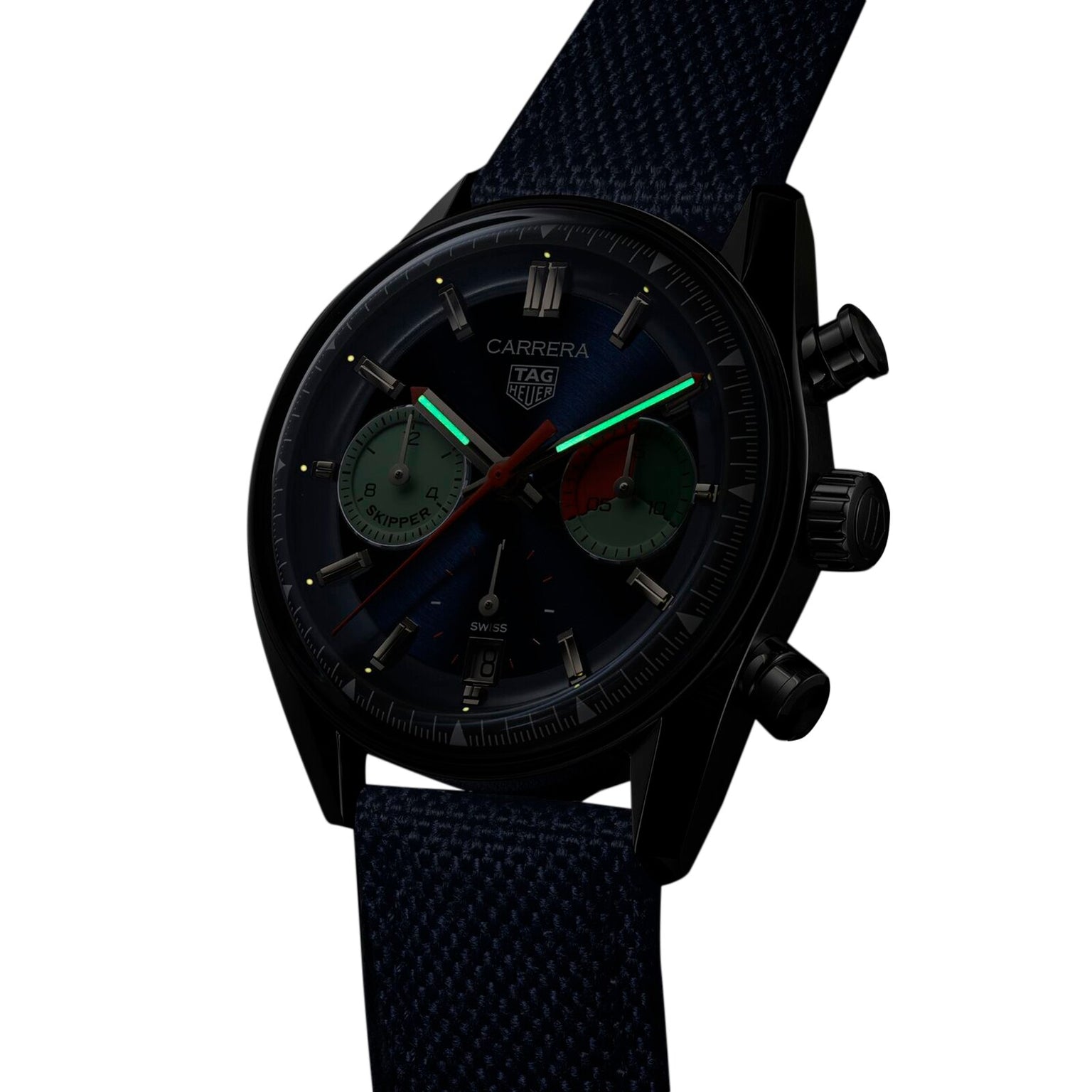 The TAG Heuer Carrera Chronograph Skipper features a black case, dark blue strap, two subdials, luminescent hands, and is powered by the precise TH20-06 calibre.