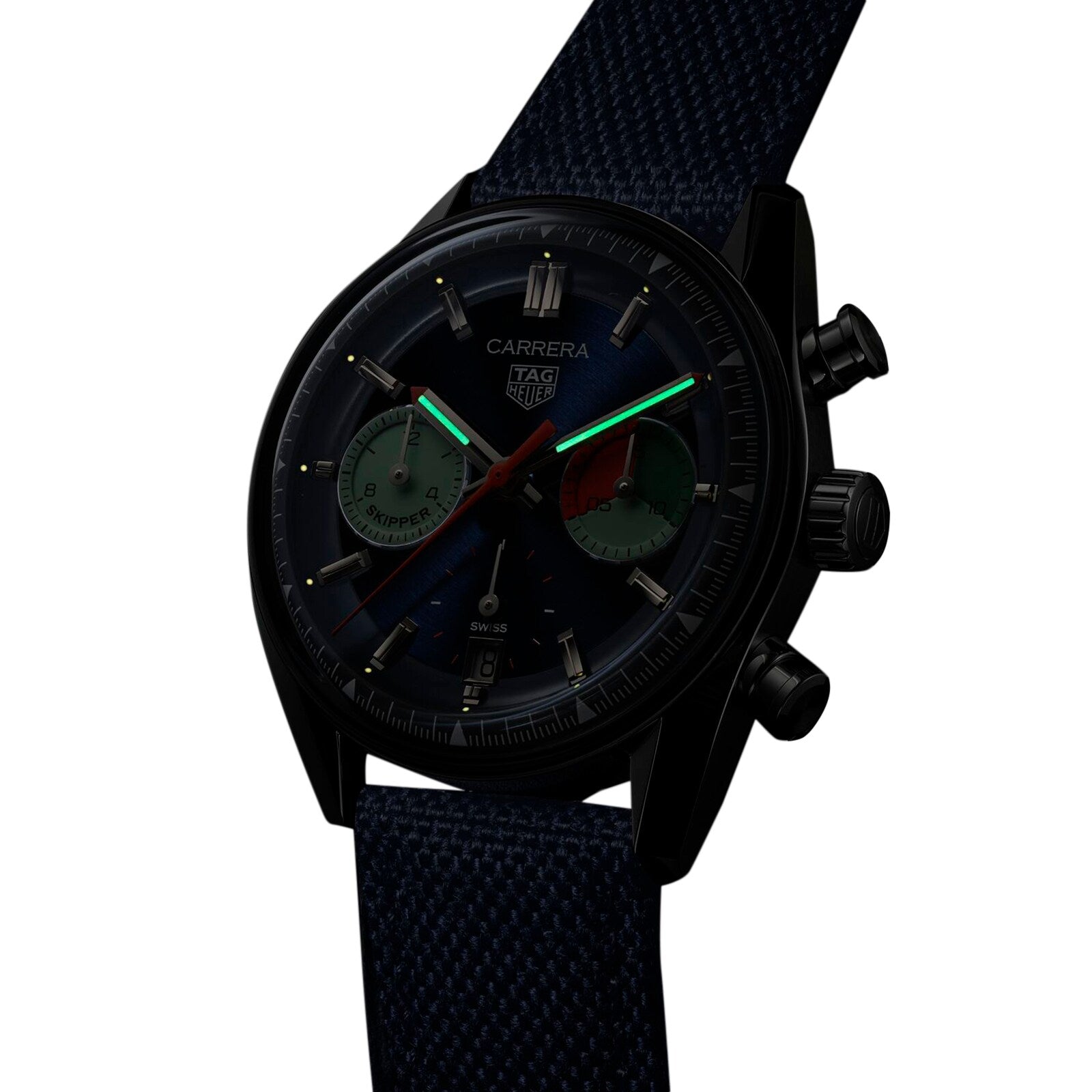 The TAG Heuer Carrera Chronograph Skipper features a black case, dark blue strap, two subdials, luminescent hands, and is powered by the precise TH20-06 calibre.