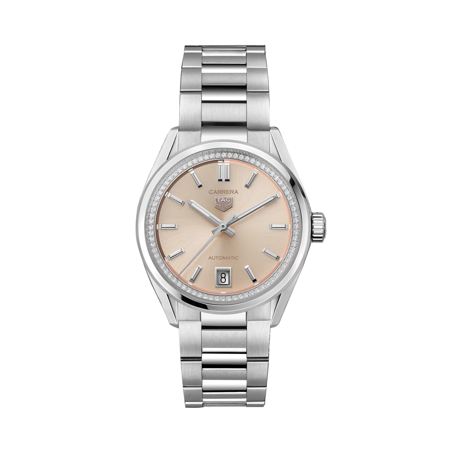 The TAG Heuer Carrera Date watch features a silver stainless steel bracelet, beige dial, calibre 7 automatic movement, and date window at 6 o’clock, displayed on a white background.