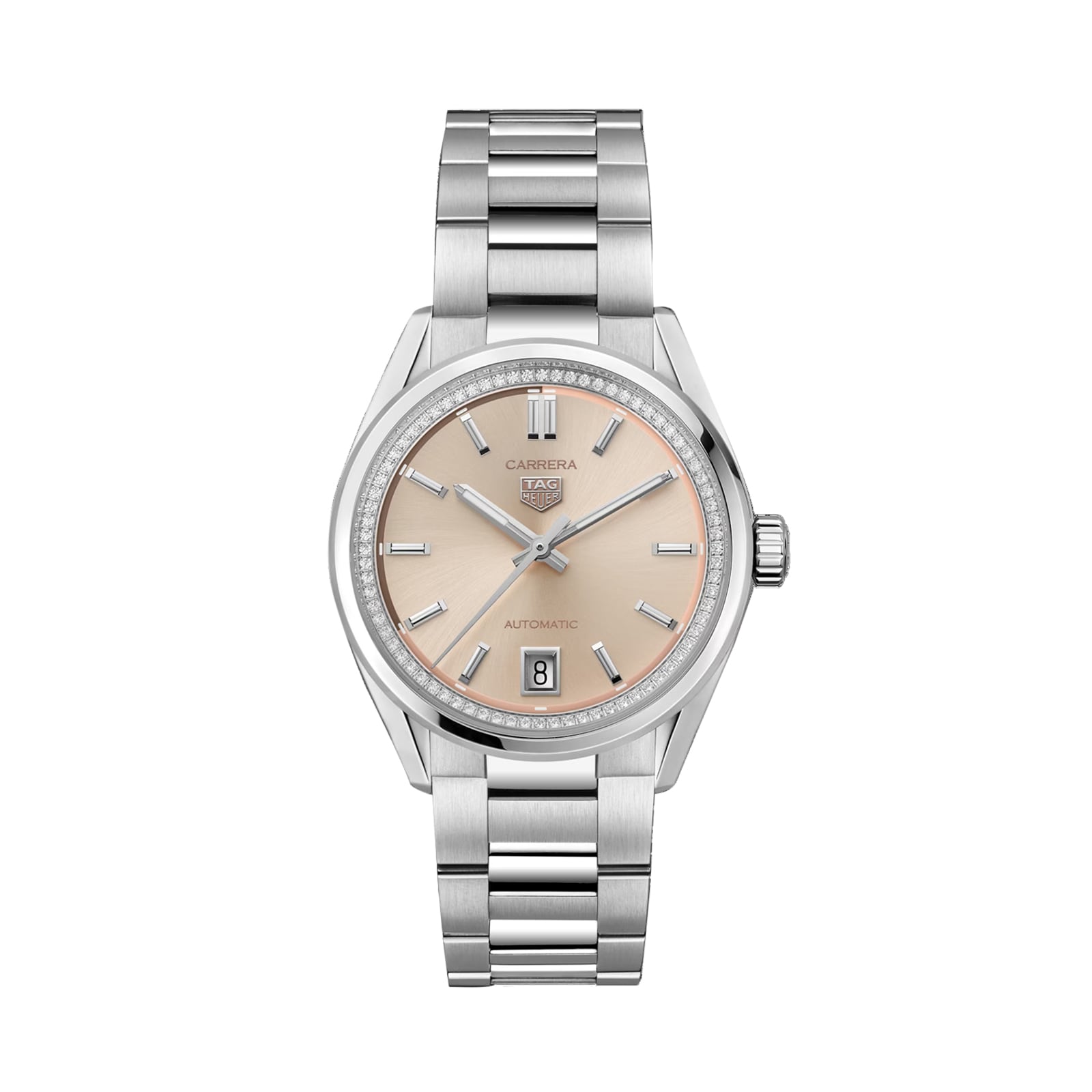 The TAG Heuer Carrera Date watch features a silver stainless steel bracelet, beige dial, calibre 7 automatic movement, and date window at 6 o’clock, displayed on a white background.