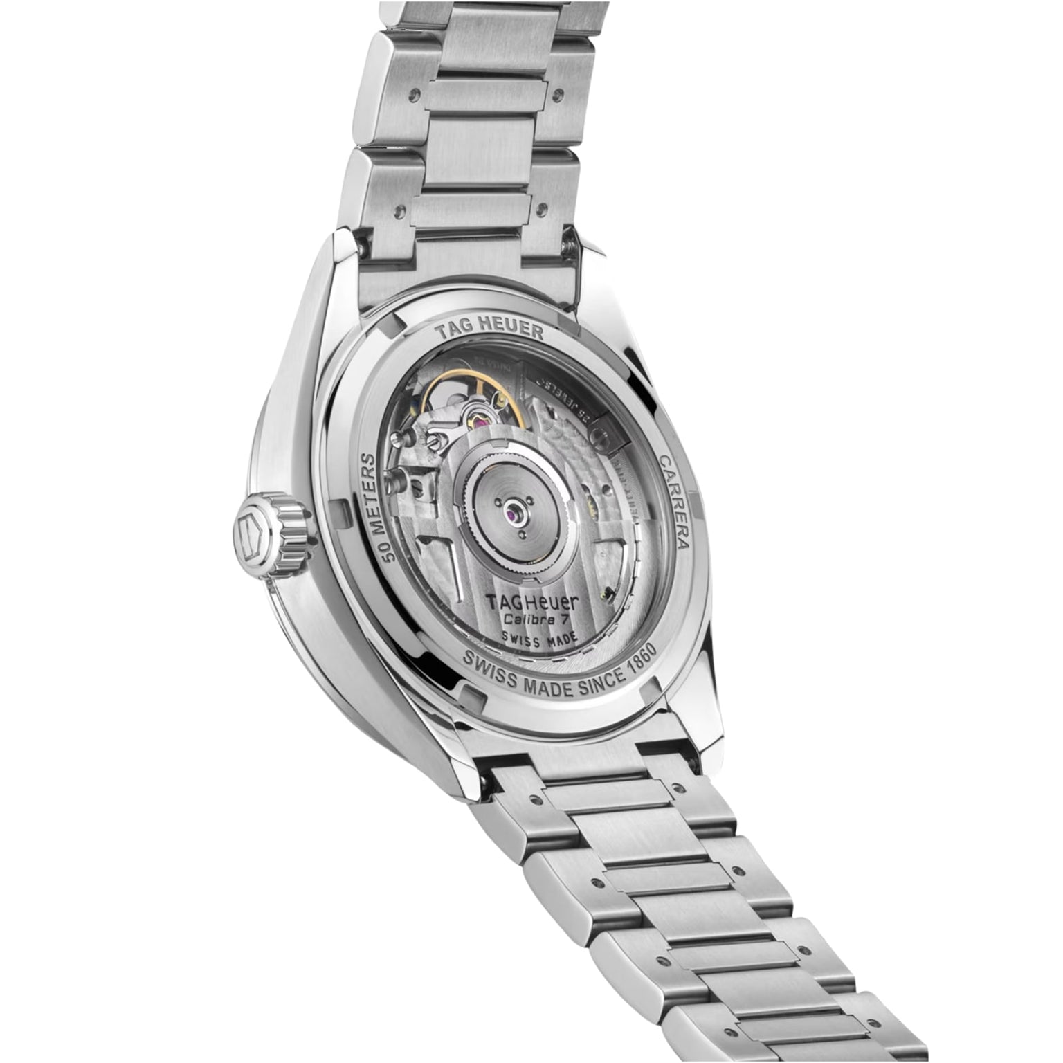 A close-up of the TAG Heuer Carrera Date wristwatch, showcasing its automatic movement through a transparent case back and featuring a stainless steel bracelet.