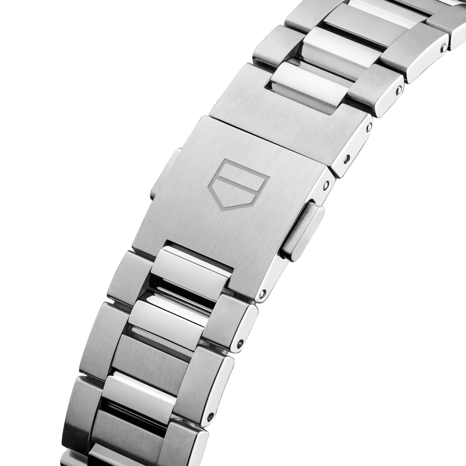 Brushed stainless steel TAG Heuer bracelet with shield-engraved clasp and polished links—ideal for pairing with your TAG Heuer Carrera Date timepiece.