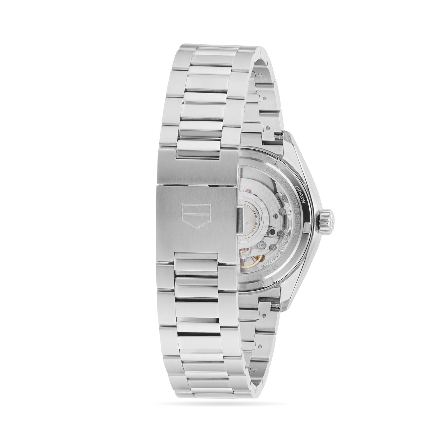 A TAG Heuer Carrera Date watch in stainless steel with a metal bracelet, shown from the back to highlight its transparent case back and visible automatic movement.