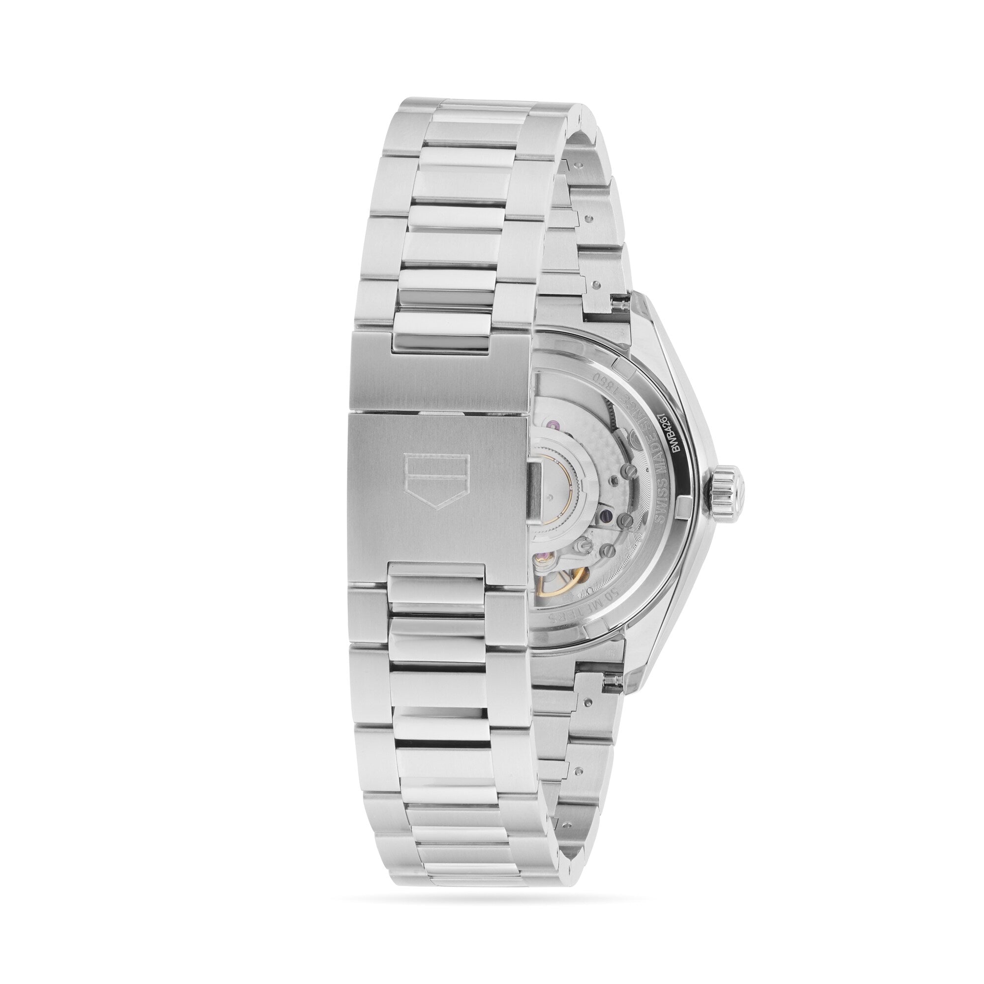 A TAG Heuer Carrera Date watch in stainless steel with a metal bracelet, shown from the back to highlight its transparent case back and visible automatic movement.