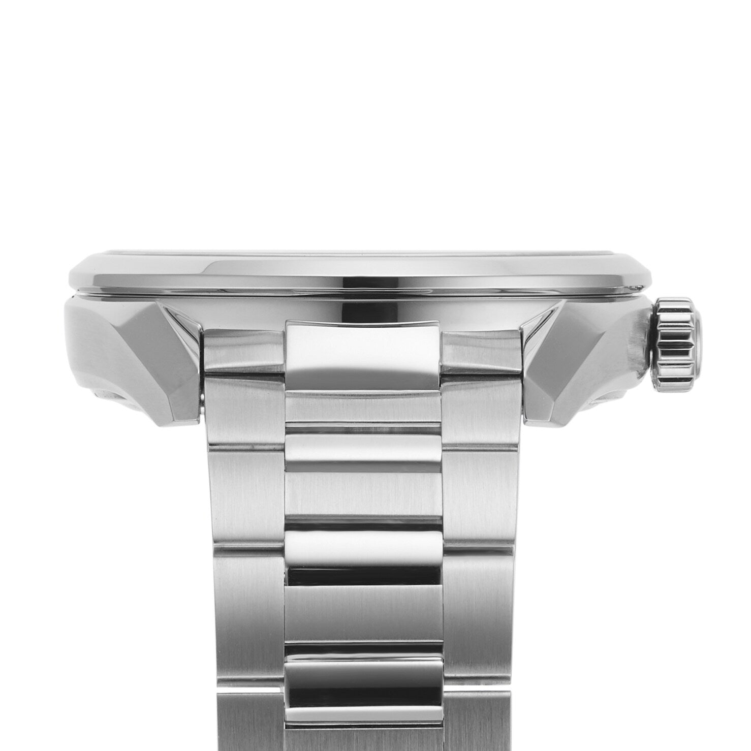 Side view of the TAG Heuer Carrera Date wristwatch, featuring a stainless steel band, prominent crown, detailed bracelet, and showcasing the case thickness, powered by an automatic movement.