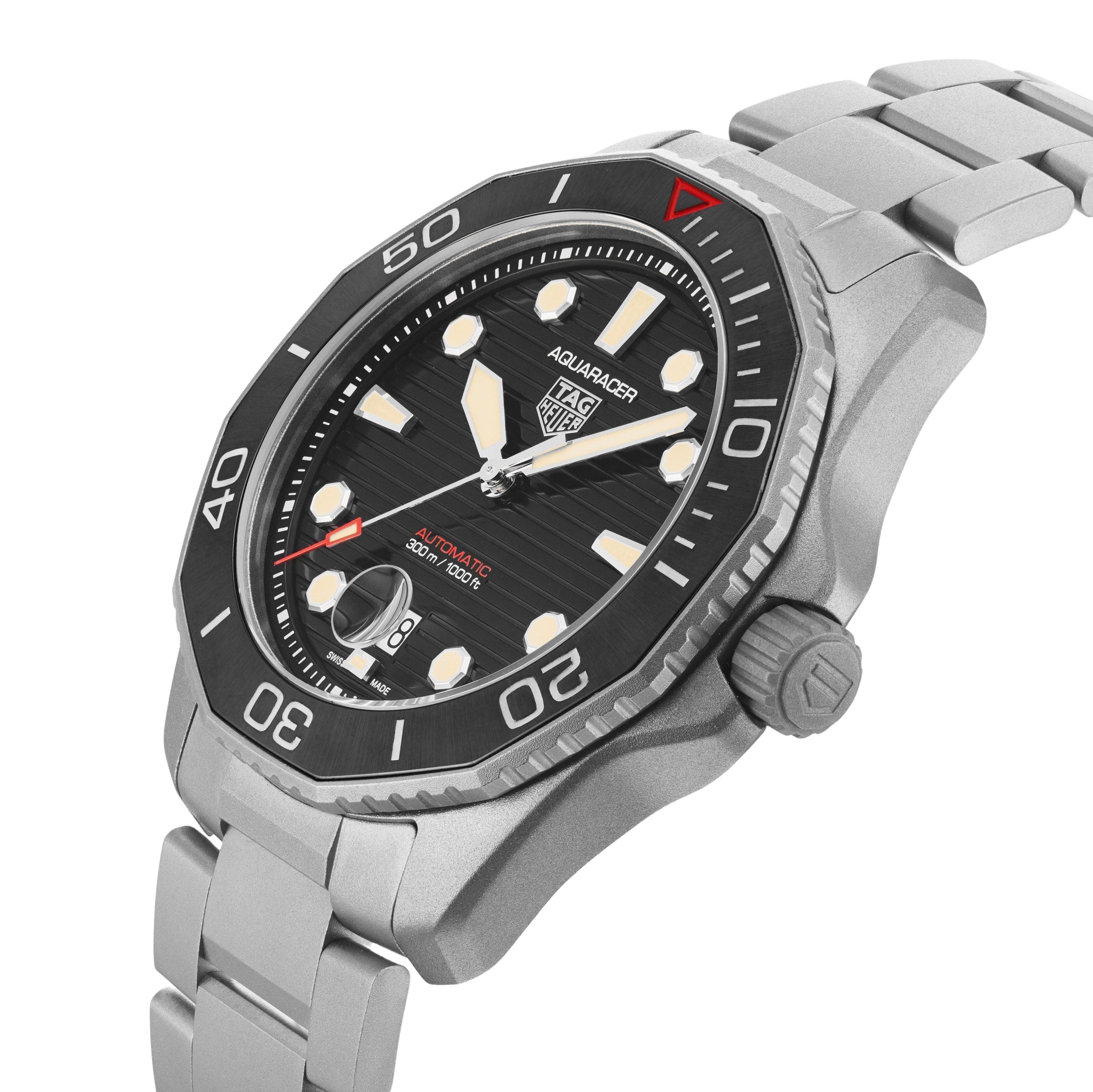 The TAG Heuer Limited Edition 1 of 500 Aquaracer Professional 300 is a silver wristwatch with a black bezel and dial, bold markers, stainless steel bracelet, and Calibre 5 automatic movement—a luxury tool watch for all occasions.