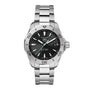 A TAG Heuer Aquaracer 200 Professional Solargraph wristwatch features a black dial, silver hour markers, date at 3 o’clock, and a stainless steel bracelet.