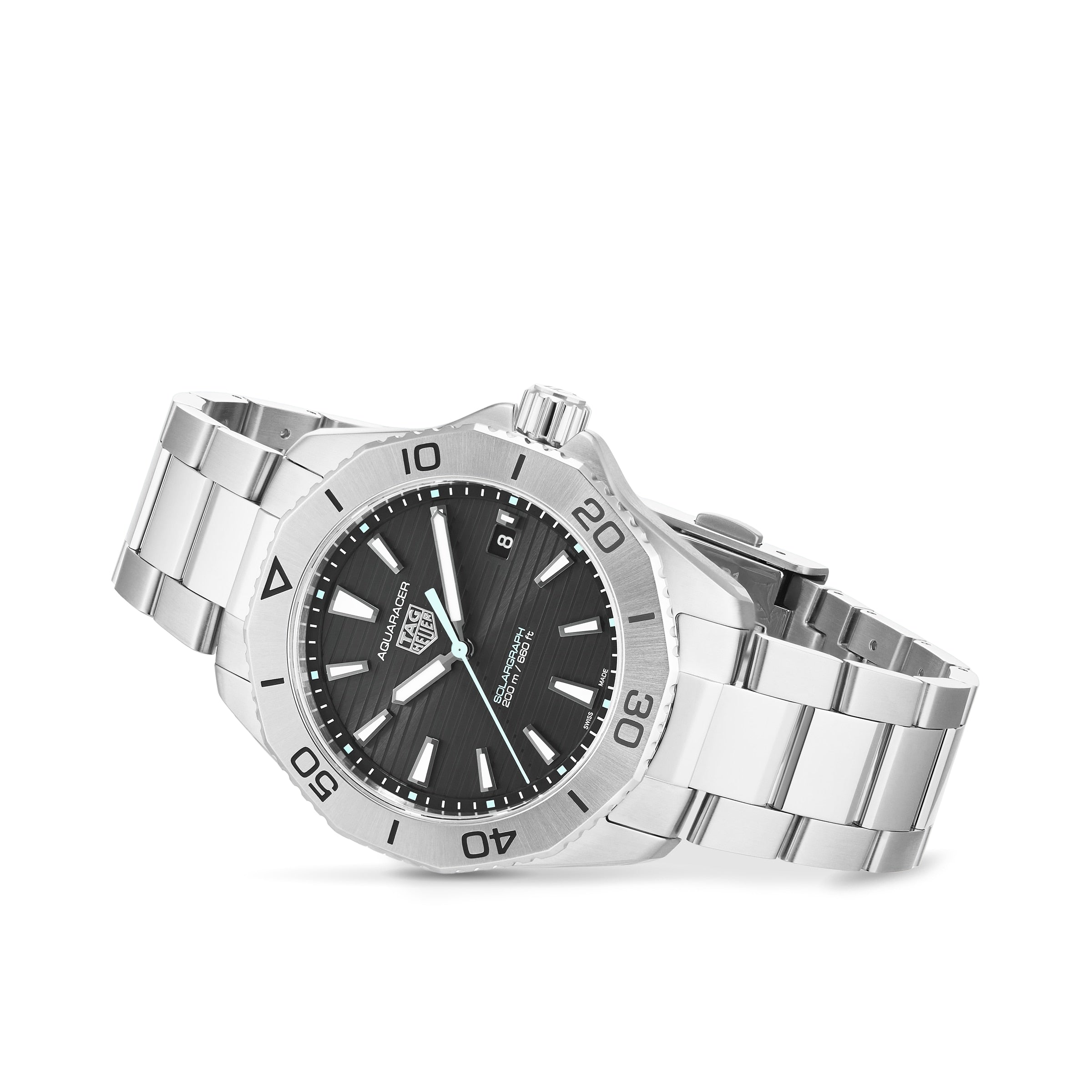 The TAG Heuer Aquaracer 200 Professional Solargraph, shown slightly angled on a white background, features a black dial, silver hour markers, stainless steel bracelet, and innovative solar-powered technology.