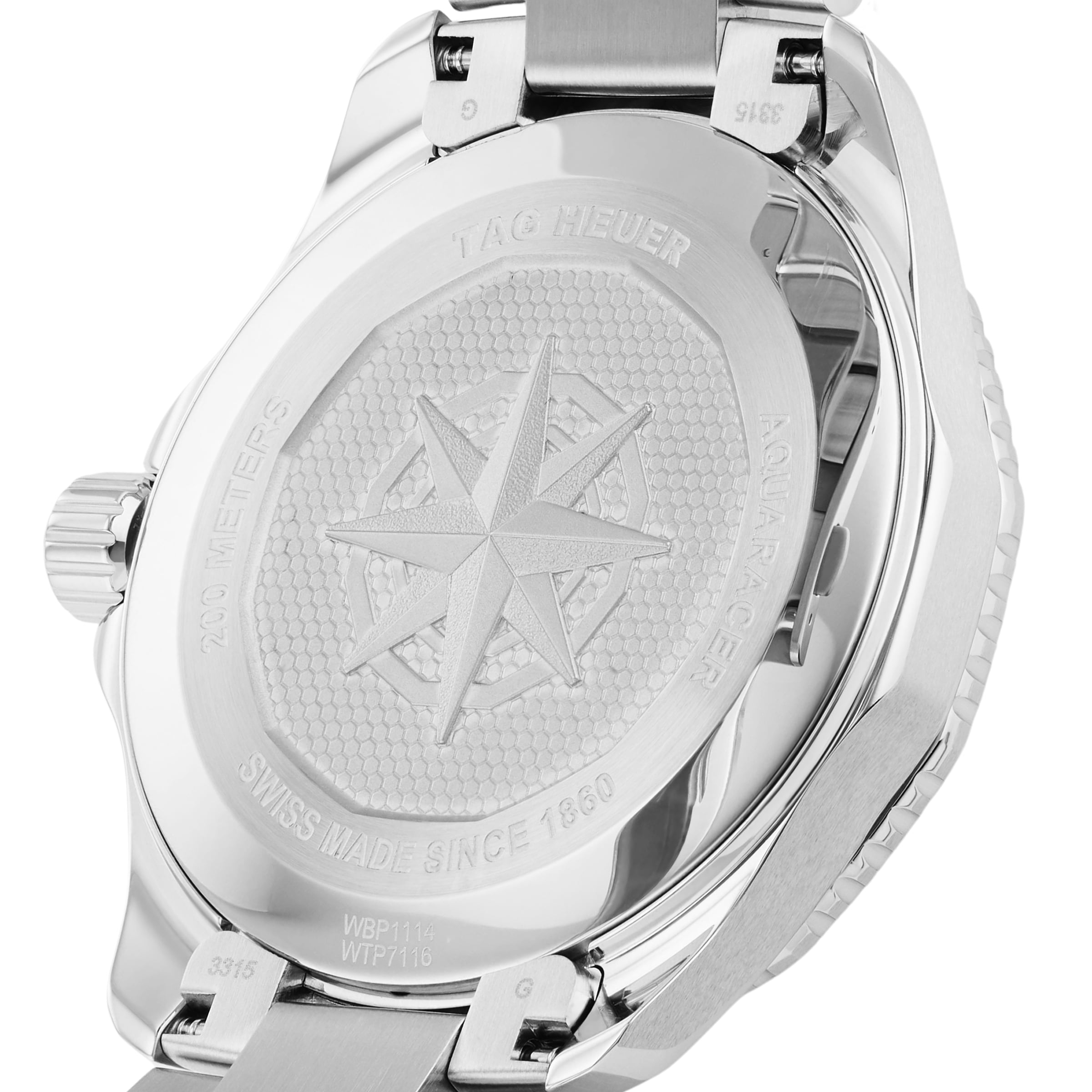 Close-up of the back of the TAG Heuer Aquaracer 200 Professional Solargraph, showing engraved text and a compass rose on its stainless steel case, emphasizing its advanced solar-powered technology.