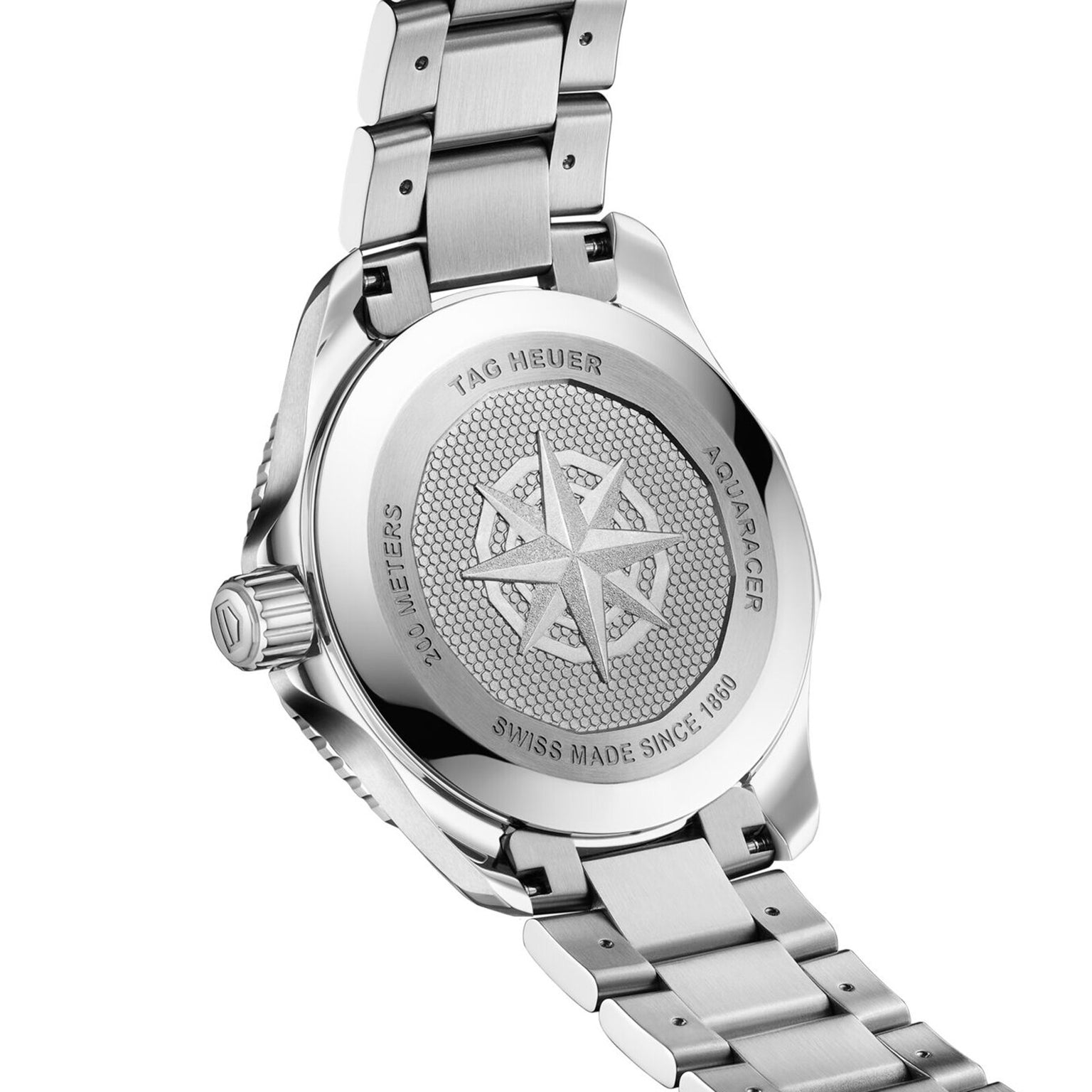 The back of the TAG Heuer Aquaracer 200 Professional Solargraph showcases an engraved compass, Swiss origins, and water resistance—testament to the robust craftsmanship of this solar-powered timepiece.