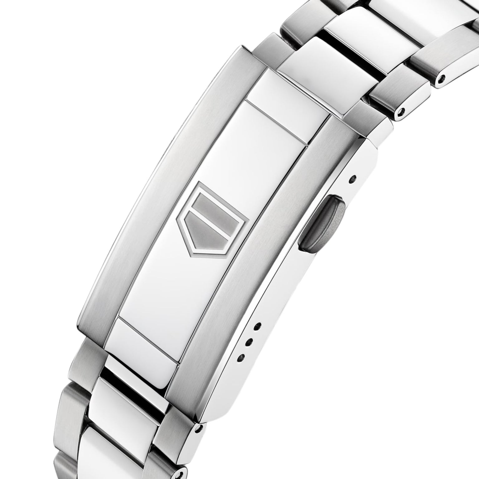 Close-up of the silver metal clasp on the TAG Heuer Aquaracer 200 Professional Solargraph, featuring an engraved geometric logo.