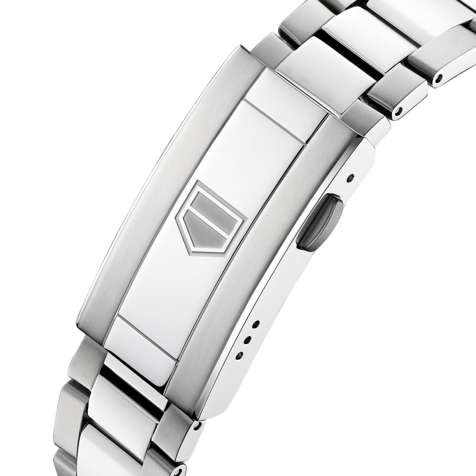 Close-up of the silver metal clasp on the TAG Heuer Aquaracer 200 Professional Solargraph, featuring an engraved geometric logo.