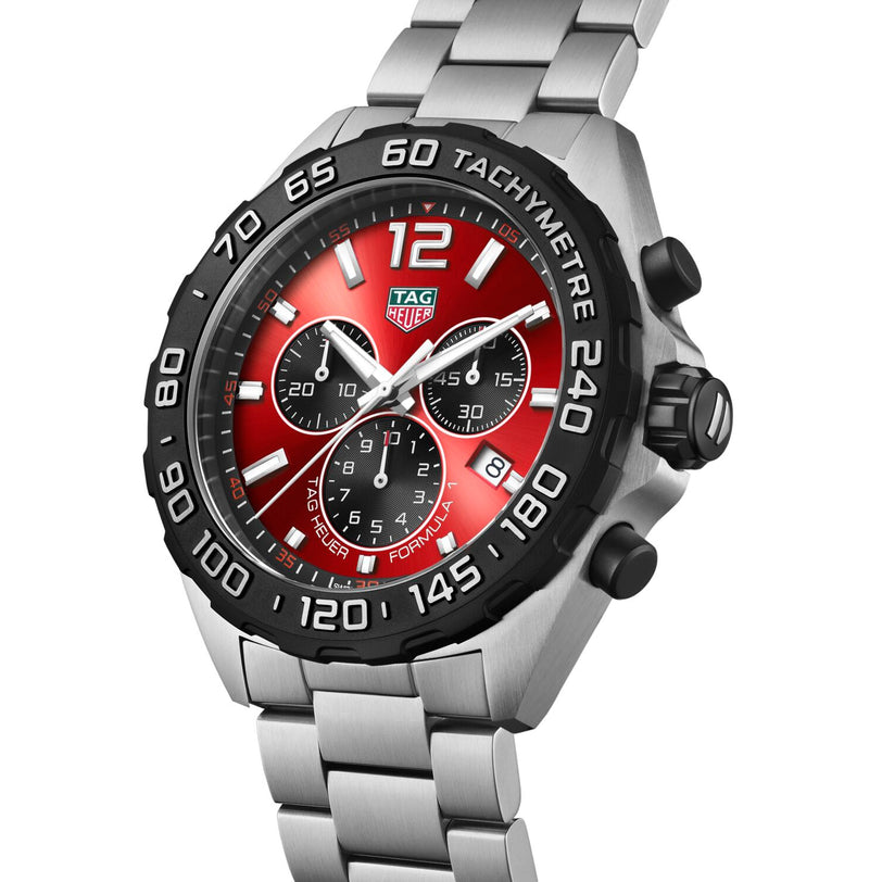 The TAG Heuer Formula 1 Chronograph features a stainless steel case, red gradient dial, black tachymeter bezel, and three subdials.