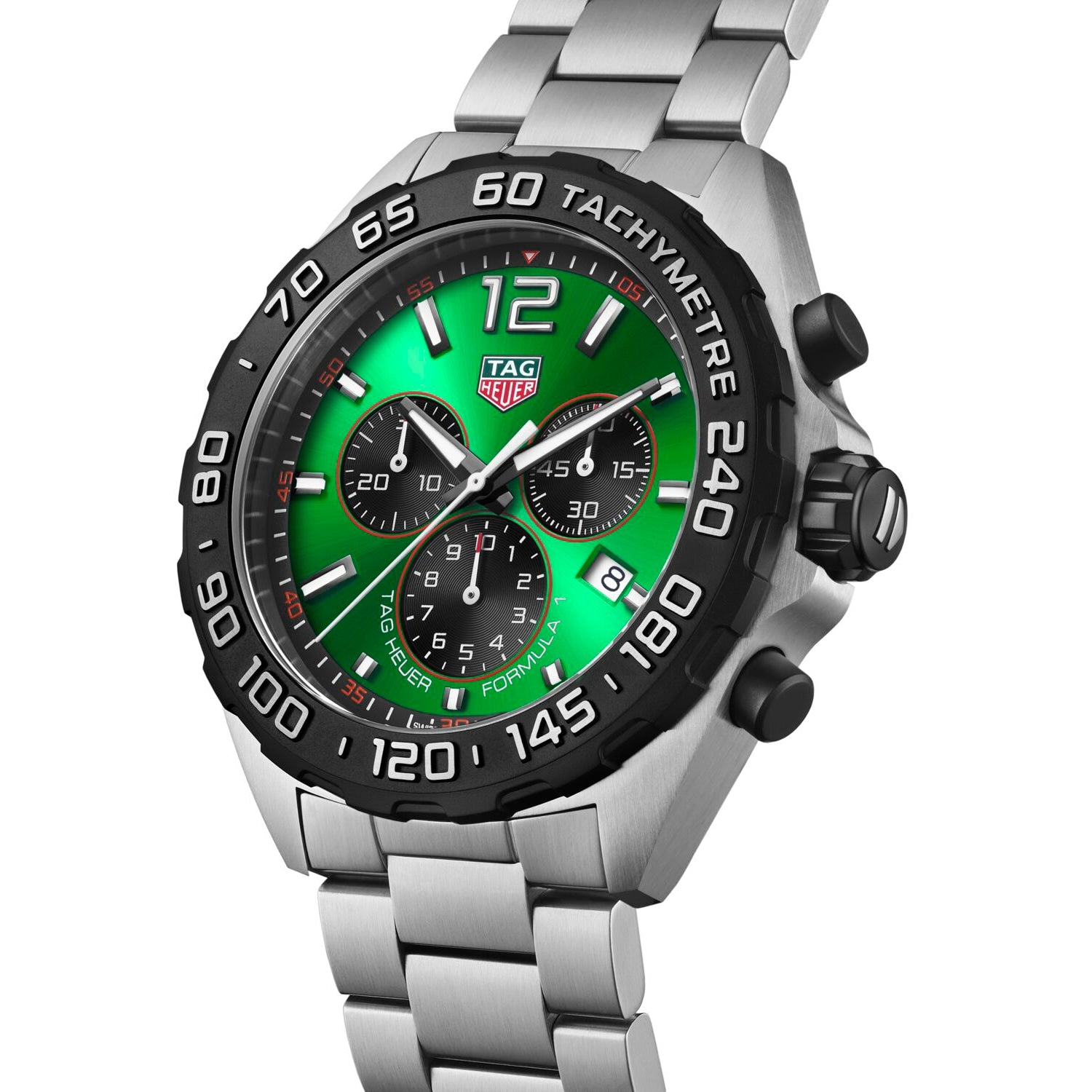 The TAG Heuer Formula 1 Chronograph features a green dial, black tachymeter bezel, three subdials, and date display—a distinctive luxury chronograph watch.