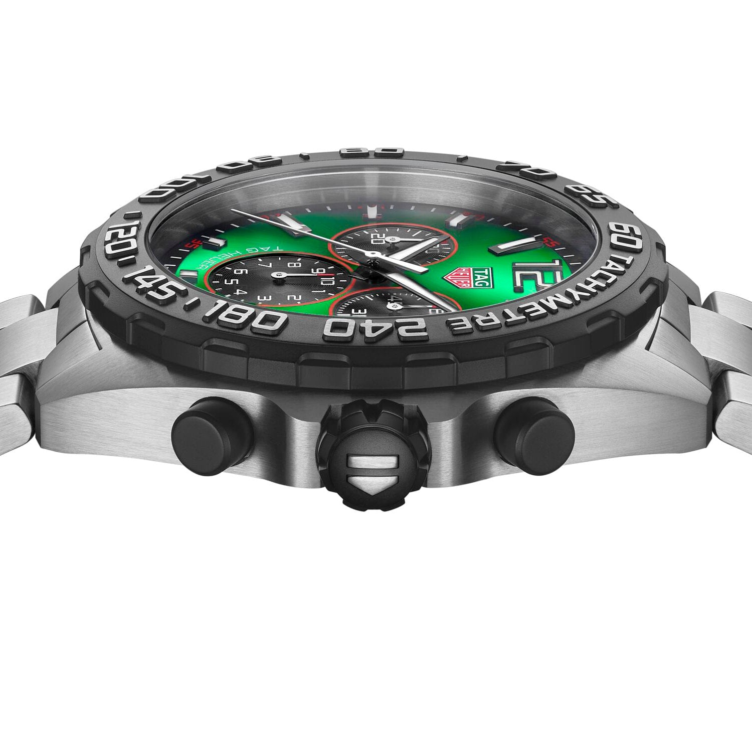 Side view of the TAG Heuer Formula 1 Chronograph featuring a silver case, green gradient dial, black bezel, and stainless steel bracelet—an iconic luxury watch.