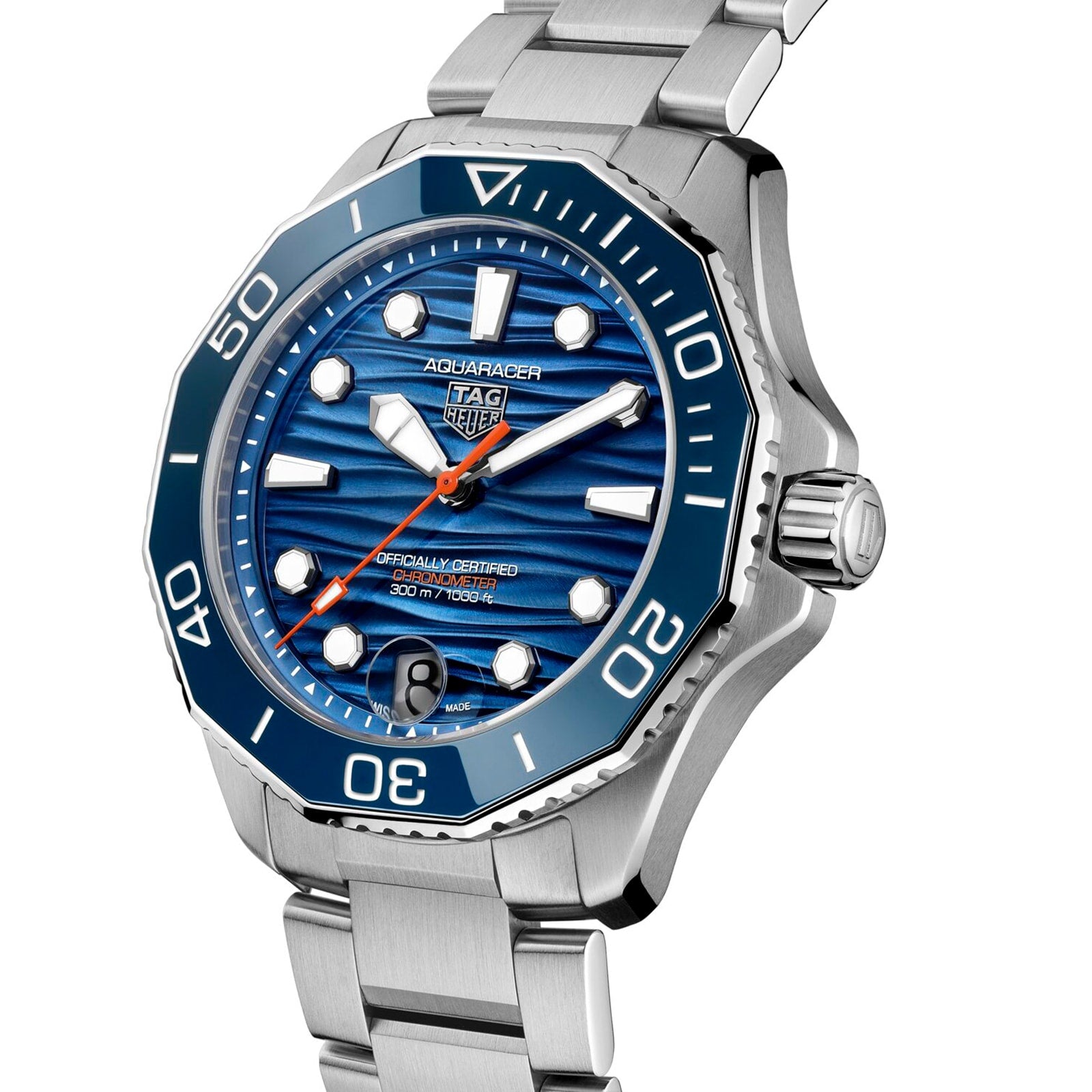 The TAG Heuer Aquaracer Professional 300 Date is a Swiss-made stainless steel watch with a blue bezel, textured dial, luminous hour markers, and metal link bracelet—a standout in precision and style.