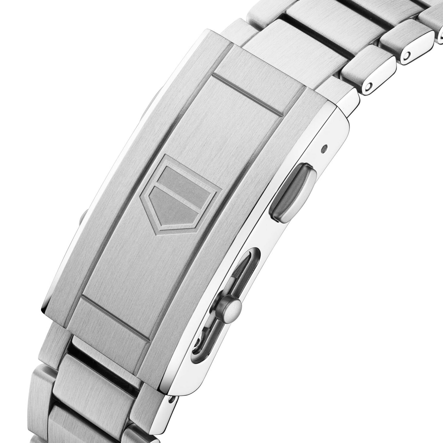 Close-up of the TAG Heuer Aquaracer Professional 300 Dates stainless steel bracelet clasp, featuring the geometric logo, push-button release, and showcasing Swiss watchmaking craftsmanship.