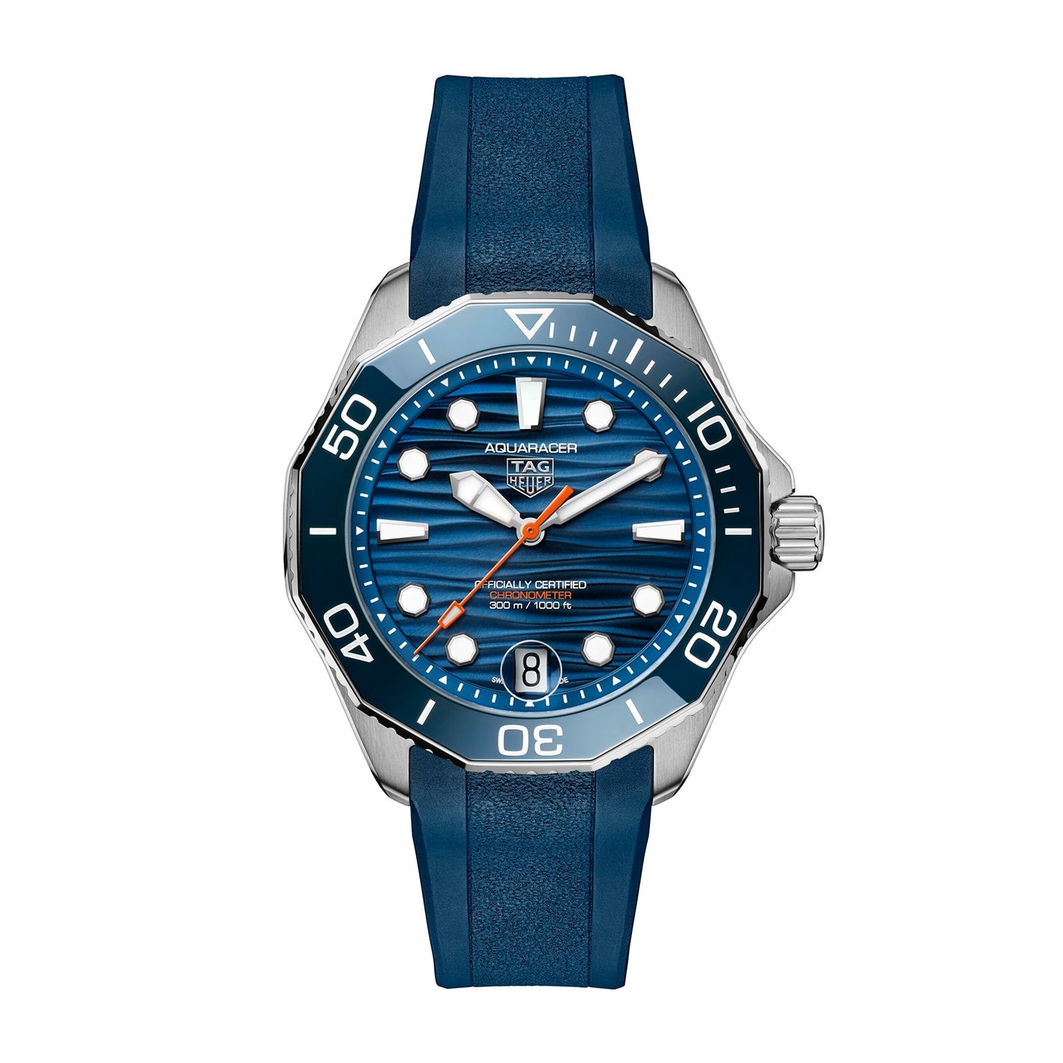 The TAG Heuer Aquaracer Professional 300 Date is a luxury blue chronograph watch with a rubber strap, silver bezel, and orange-accented hands—designed for style inspired by deep-sea exploration.