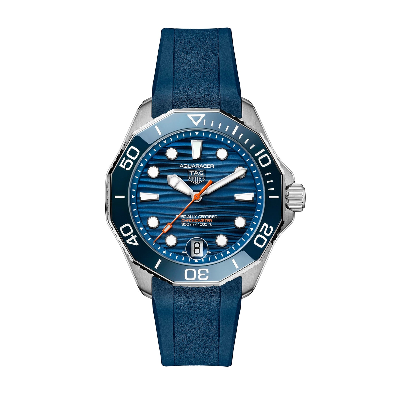 The TAG Heuer Aquaracer Professional 300 Date is a luxury blue chronograph watch with a rubber strap, silver bezel, and orange-accented hands—designed for style inspired by deep-sea exploration.