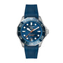The TAG Heuer Aquaracer Professional 300 Date is a luxury blue chronograph watch with a rubber strap, silver bezel, and orange-accented hands—designed for style inspired by deep-sea exploration.