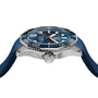 A side view of the TAG Heuer Aquaracer Professional 300 Date shows its blue textured dial, silver bezel, and blue strap, with visible crown and bezel markers—designed for deep-sea exploration.