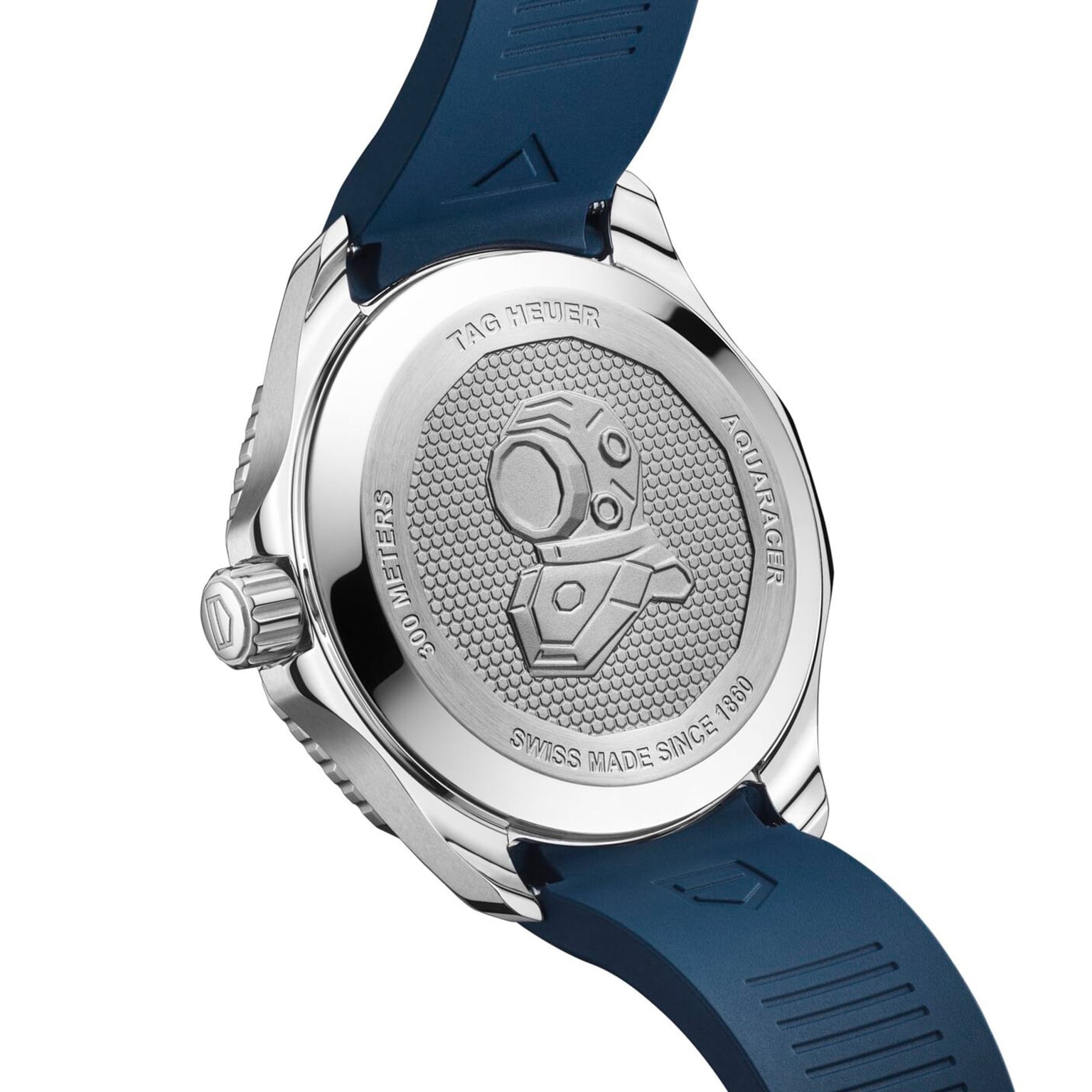 Close-up of the back of the TAG Heuer Aquaracer Professional 300 Date, a luxury watch with a blue strap and an engraved diving helmet, celebrating deep-sea exploration.