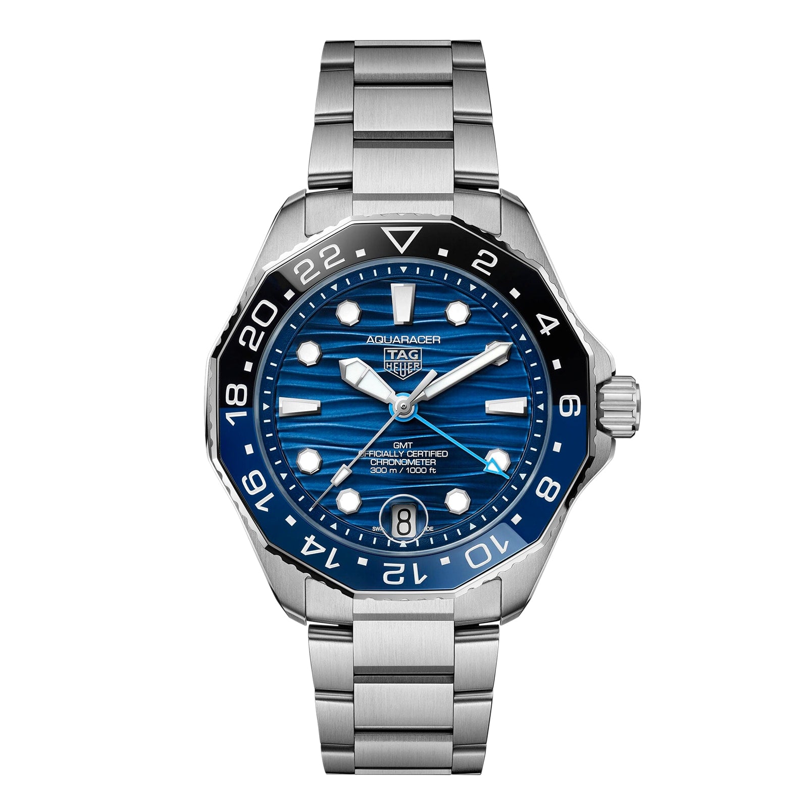 The TAG Heuer Aquaracer Professional 300 GMT features a blue wave-patterned dial, silver hour markers, black and blue bezel, date window at 6 o’clock, and a three-link bracelet—an exceptional luxury sports watch.