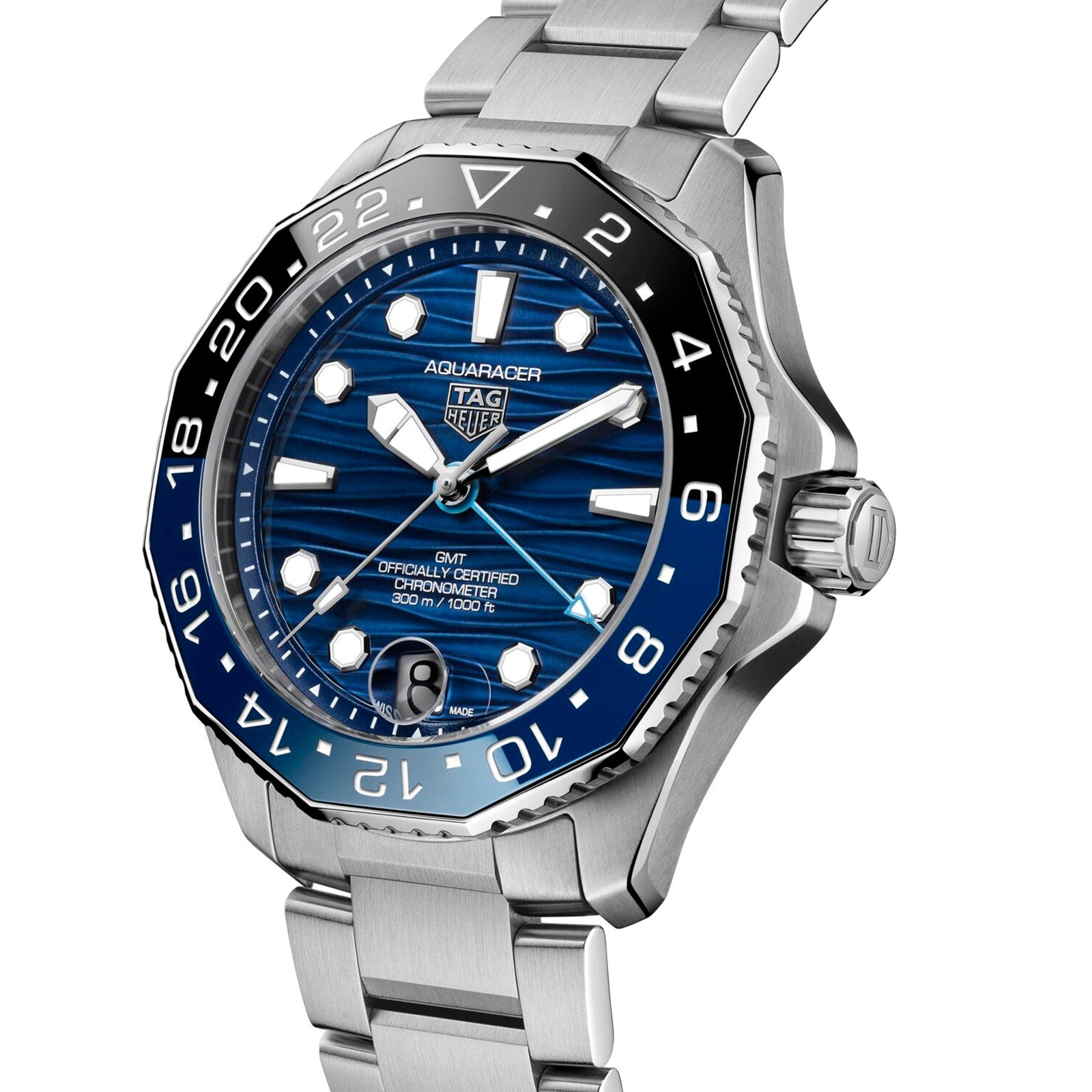 The TAG Heuer Aquaracer Professional 300 GMT, featuring a stainless steel case, blue and black bezel, blue dial, and silver bracelet, is displayed on a white background—a striking luxury chronograph.