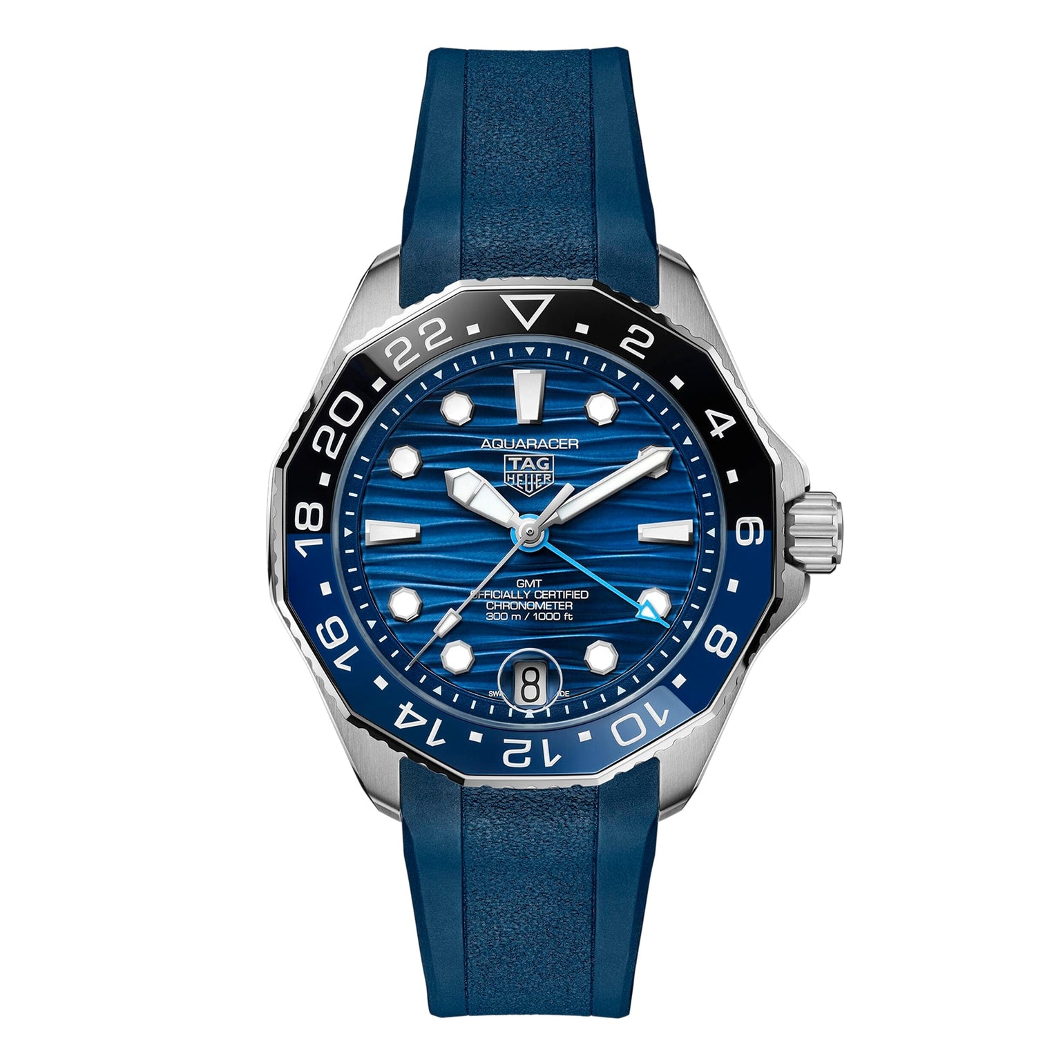The TAG Heuer Aquaracer Professional 300 GMT is a luxury stainless steel watch with automatic movement, blue wave-patterned dial, blue bezel, rubber strap, date display, and GMT markings.