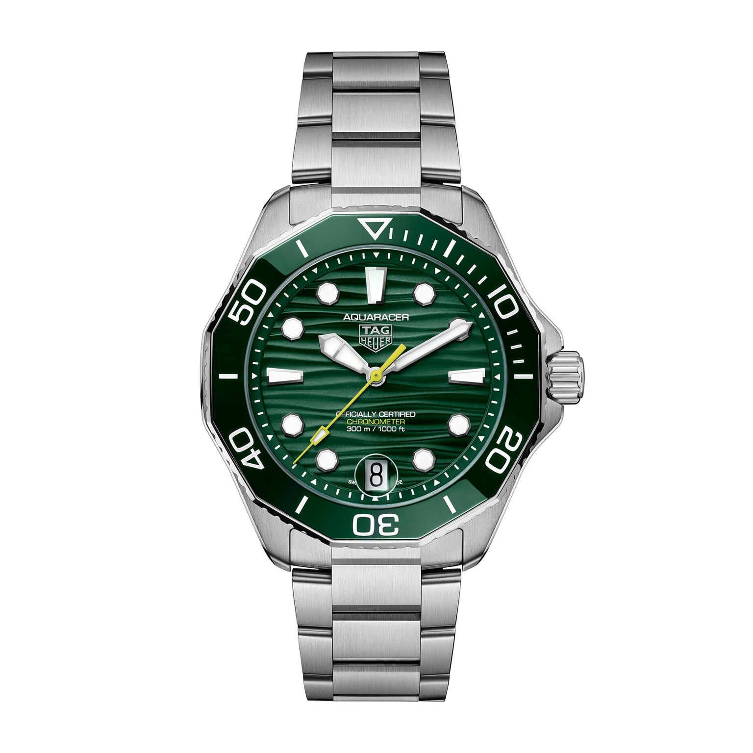 The TAG Heuer Aquaracer Professional 300 Date is a silver watch with a green dial and bezel, silver band, and yellow second hand.