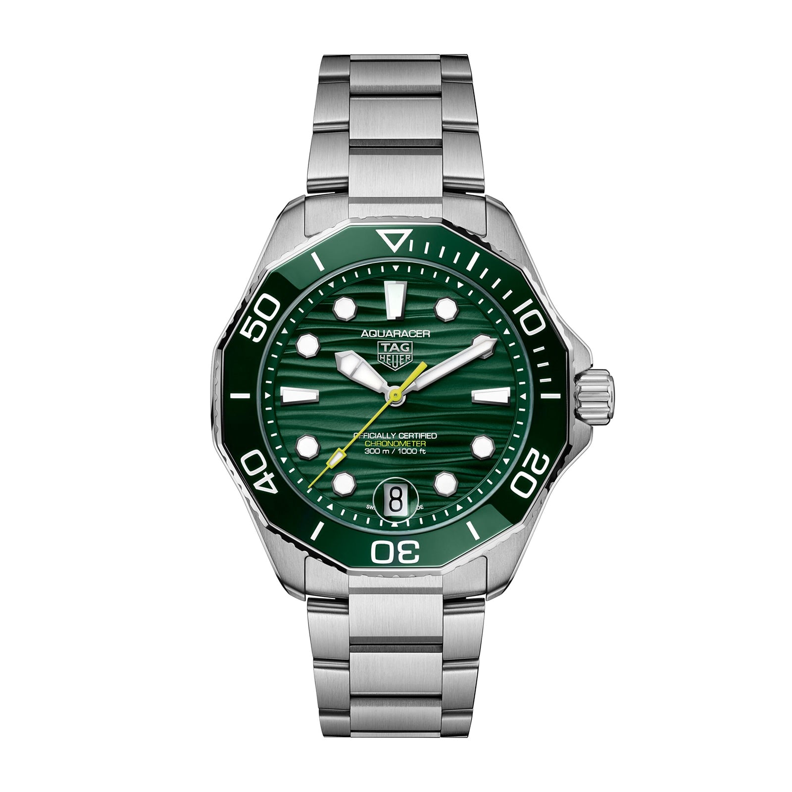 The TAG Heuer Aquaracer Professional 300 Date is a silver watch with a green dial and bezel, silver band, and yellow second hand.