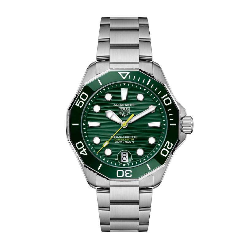 The TAG Heuer Aquaracer Professional 300 Date is a silver watch with a green dial and bezel, silver band, and yellow second hand.