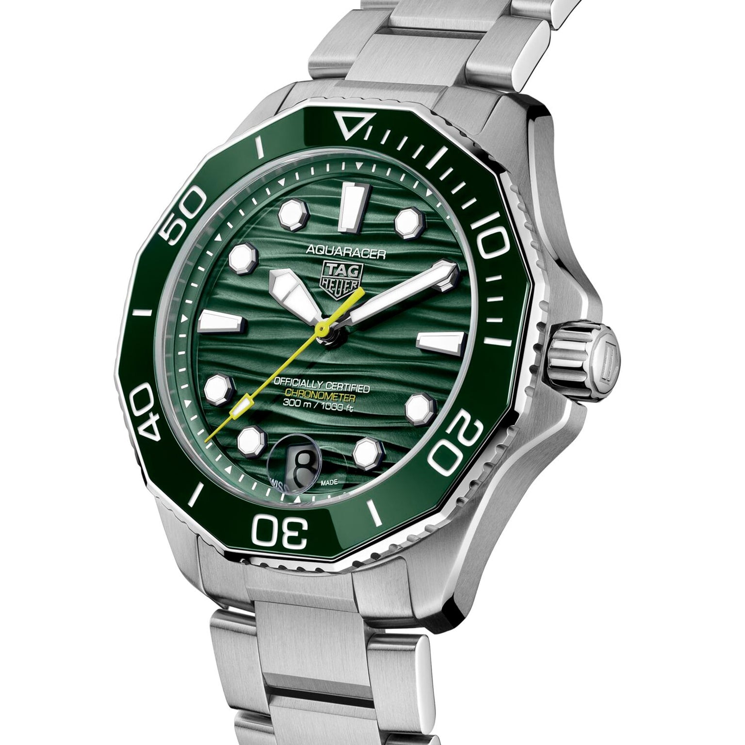 The TAG Heuer Aquaracer Professional 300 Date is a stainless steel watch with a bold green ceramic bezel and dial, white hour markers, a date window at 6 o’clock, and a sleek metal link bracelet.