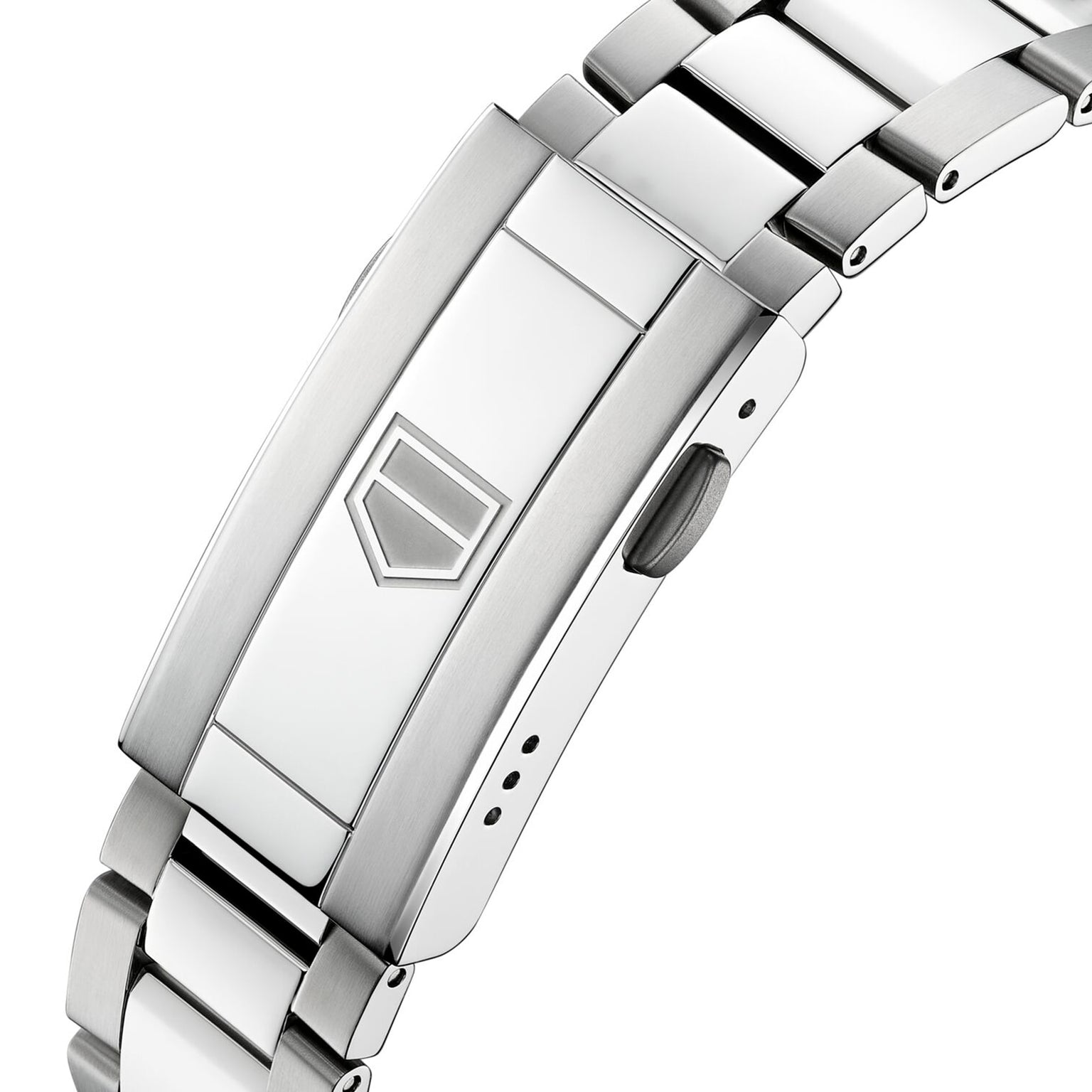 Close-up of a stainless steel clasp with a geometric logo engraved, showing part of the TAG Heuer Aquaracer Professional 200 Solargraph metal bracelet links.