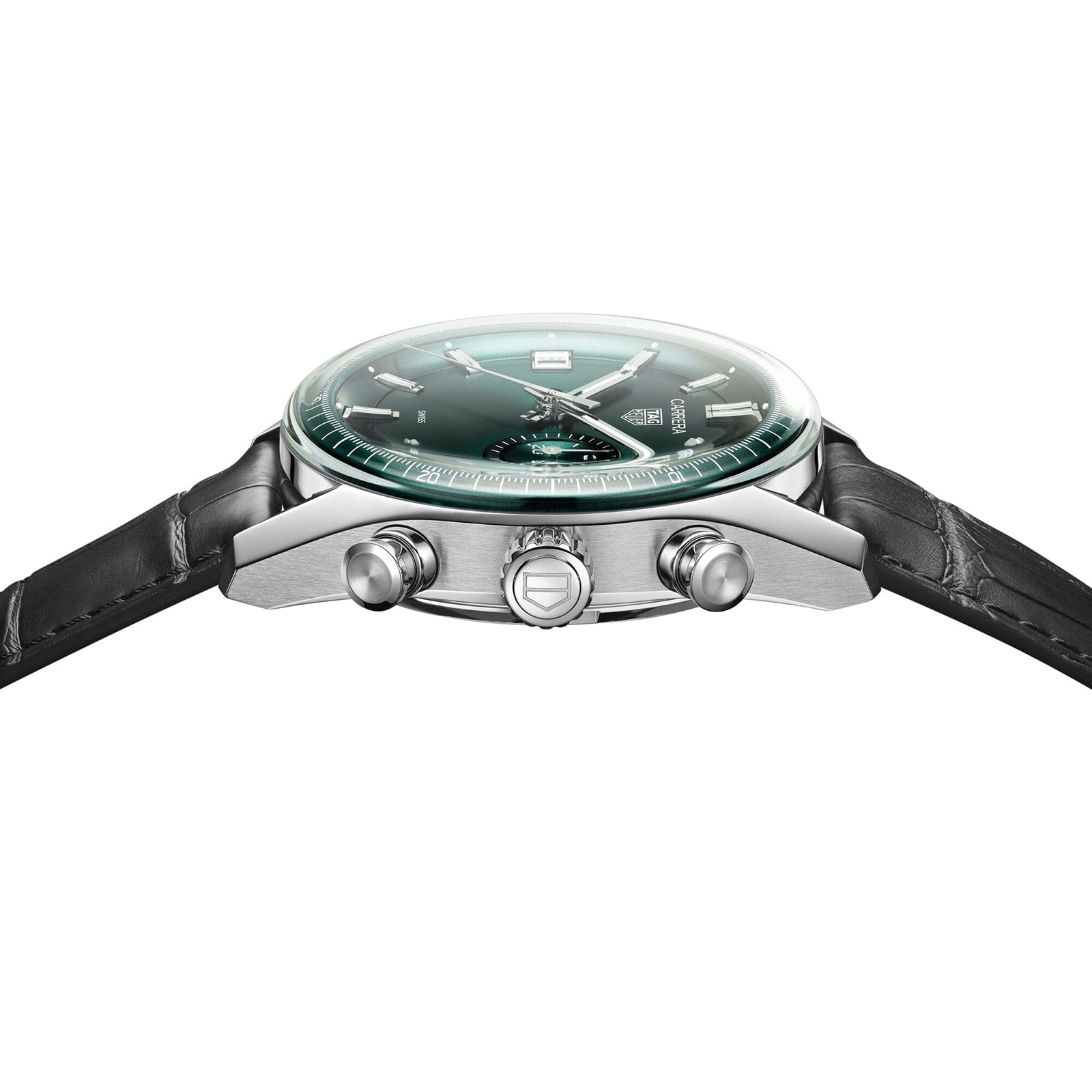 Side view of the TAG Heuer Carrera Chronograph in silver with a green dial, two pushers, a crown, and a black leather strap, featuring the TH20-07 automatic movement.