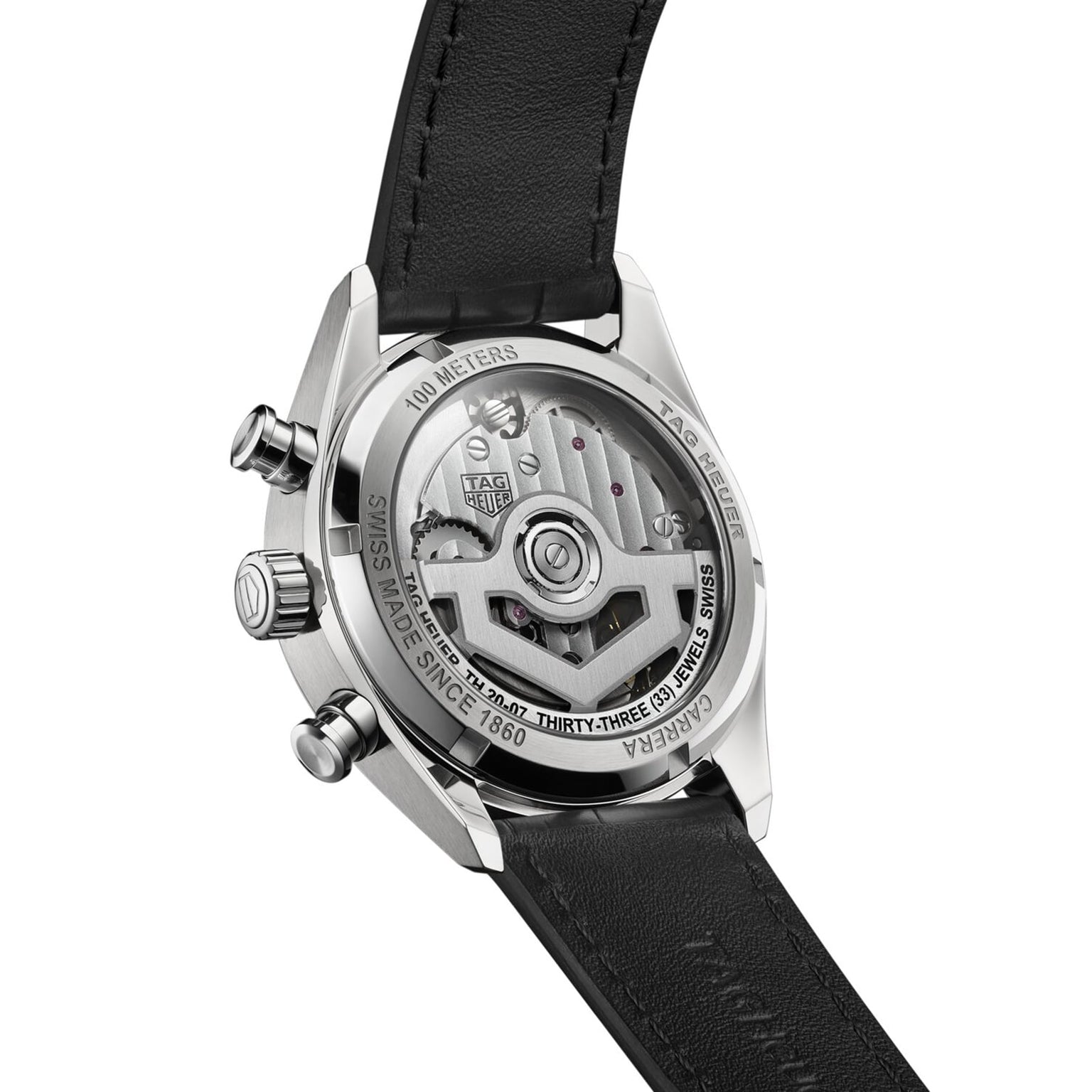 Back view of the TAG Heuer Carrera Chronograph showcasing the TH20-07 automatic movement through its transparent case back, with a black leather strap and Carrera Panamericana race engravings for classic appeal.