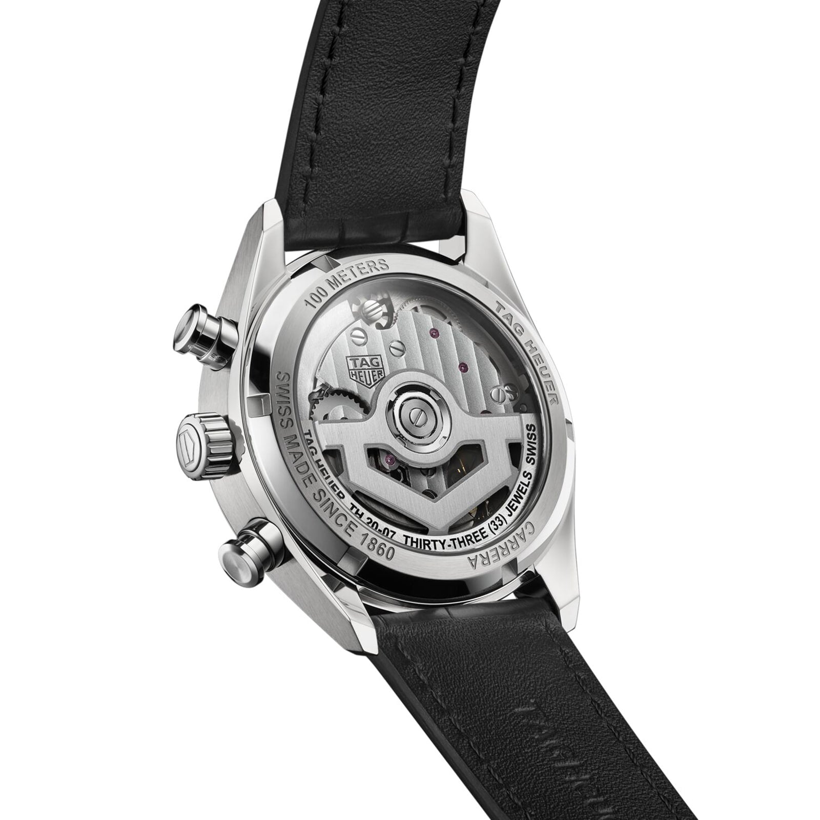 Back view of the TAG Heuer Carrera Chronograph showcasing the TH20-07 automatic movement through its transparent case back, with a black leather strap and Carrera Panamericana race engravings for classic appeal.