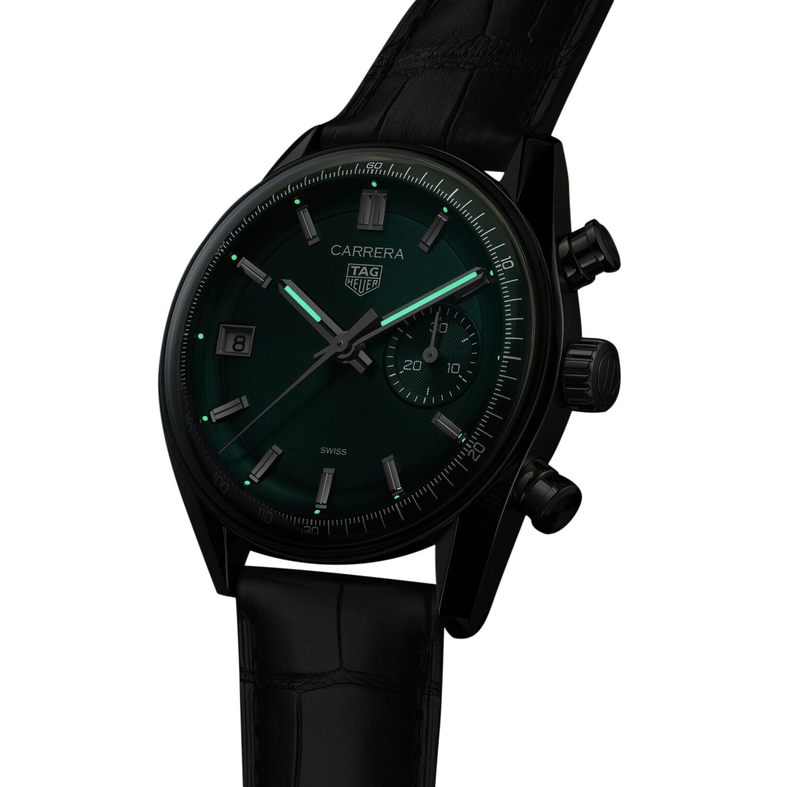The TAG Heuer Carrera Chronograph features a black case, green dial, TH20-07 automatic movement, date display, chronograph subdial, and a black leather strap.