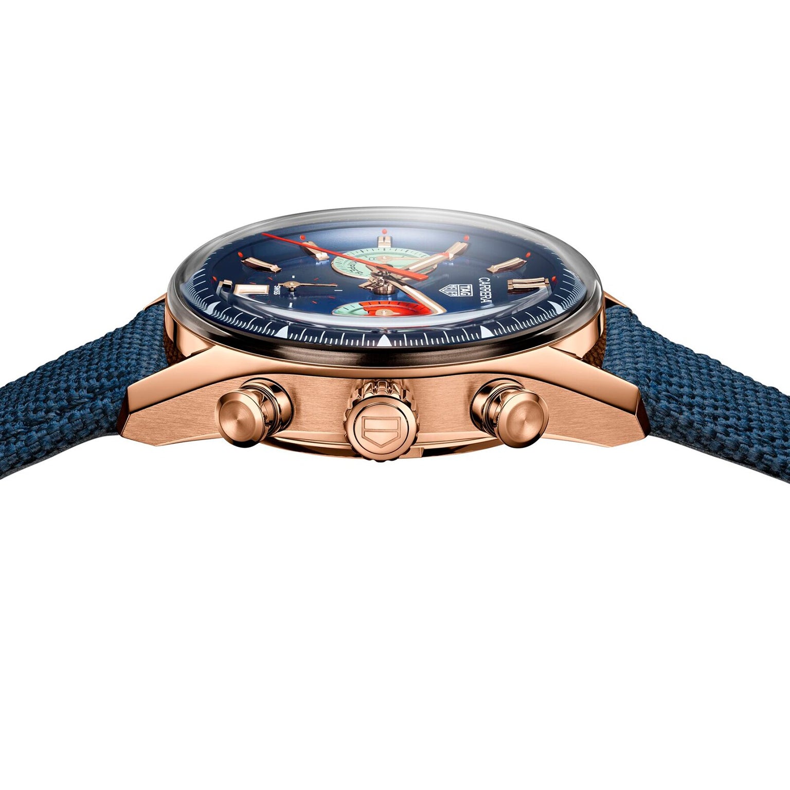 Side view of the TAG Heuer Carrera Chronograph Skipper in rose gold, featuring a blue strap and a colorful, detailed watch face.