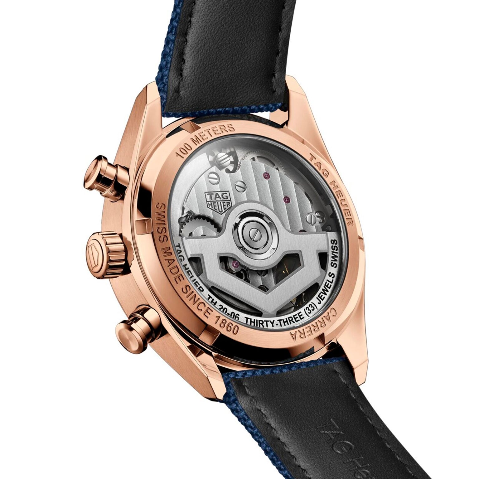 Back view of the TAG Heuer Carrera Chronograph Skipper showcasing its exposed chronograph movement through a transparent caseback, engraved with details on water resistance, origin, and materials.