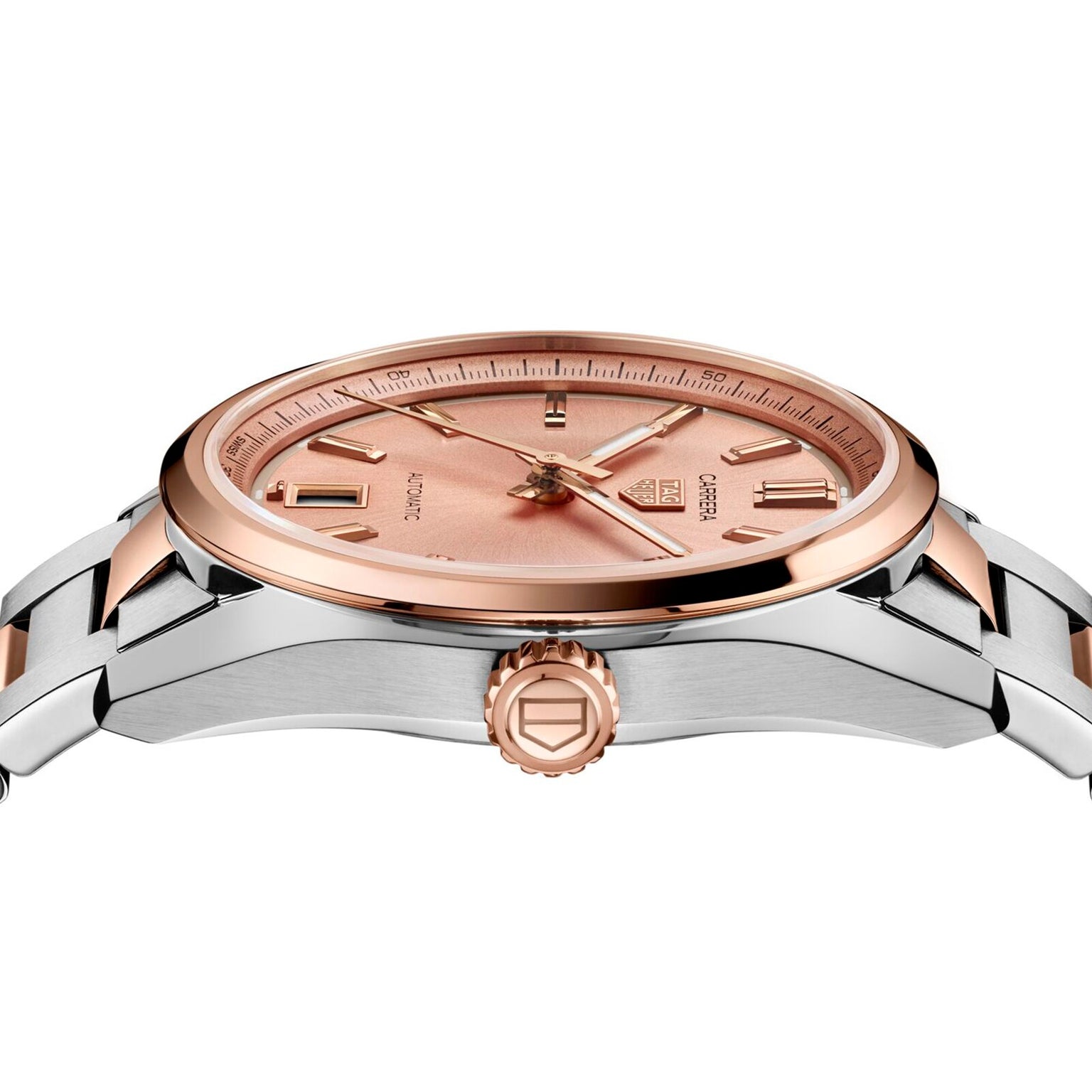 A side view of the TAG Heuer Carrera Date wristwatch, featuring a rose gold dial, 18ct rose gold accents, and a silver metal case and band. The engraved logo appears on the crown.