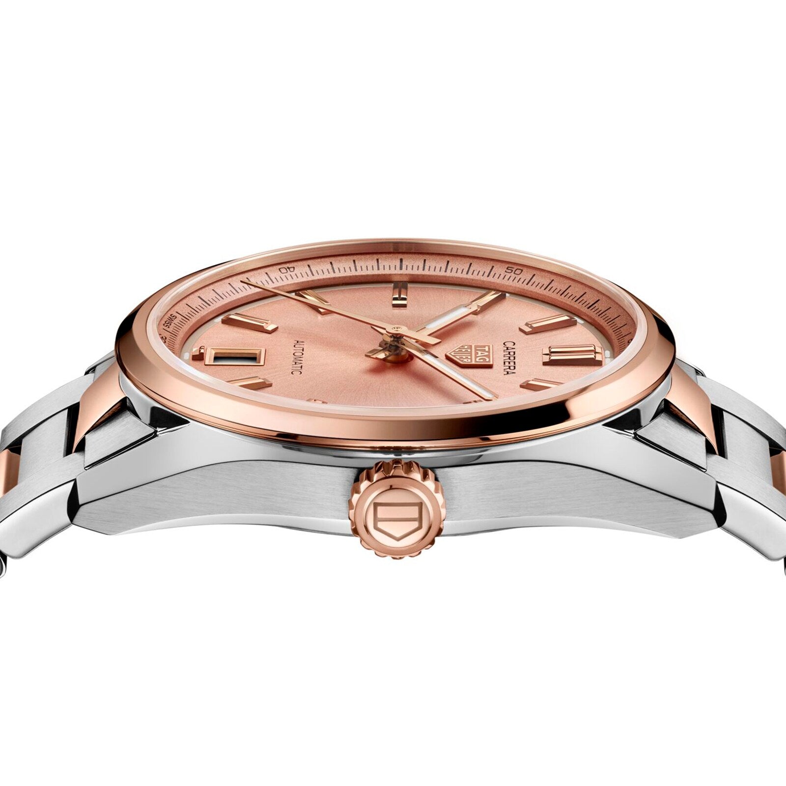 A side view of the TAG Heuer Carrera Date wristwatch, featuring a rose gold dial, 18ct rose gold accents, and a silver metal case and band. The engraved logo appears on the crown.