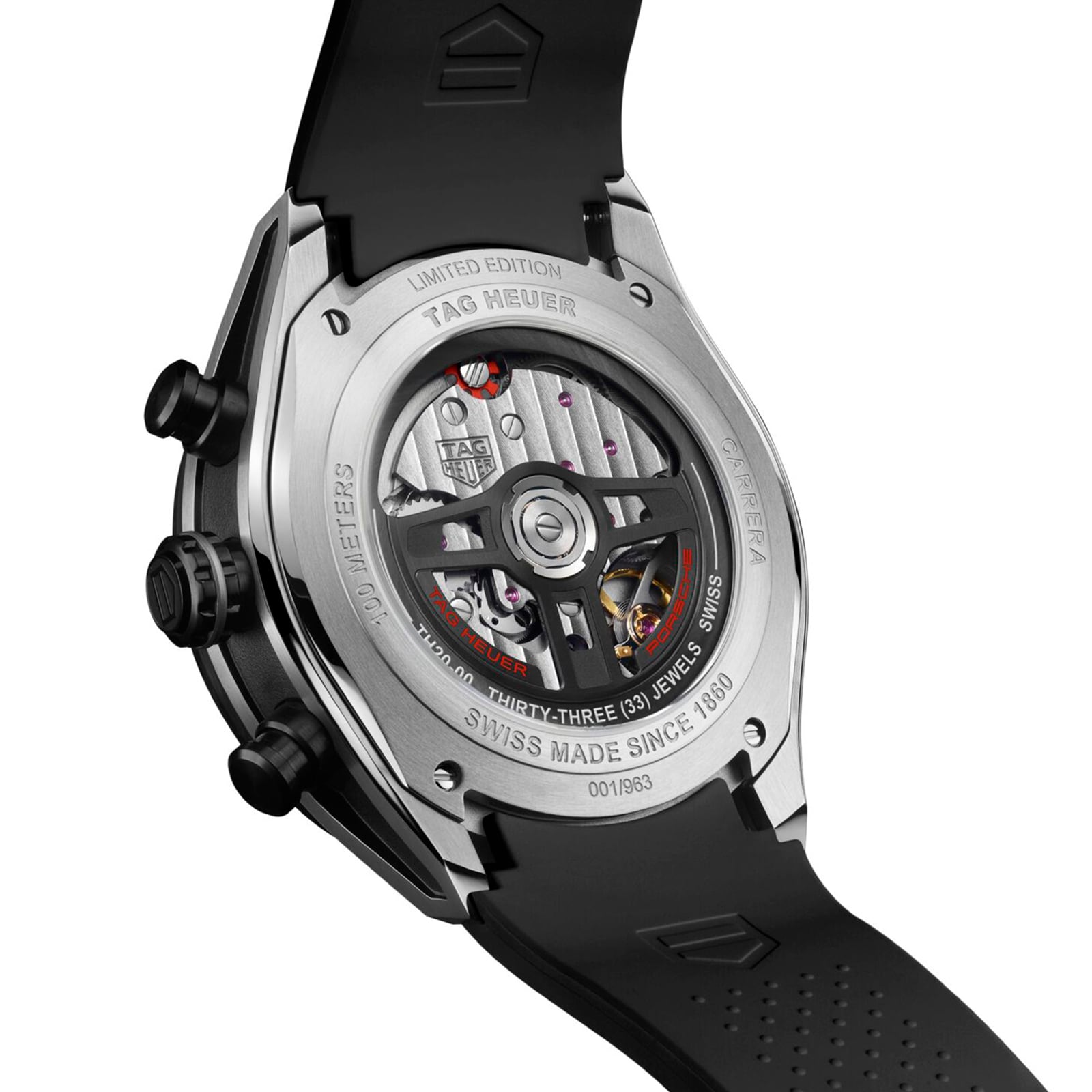 Close-up of the TAG Heuer Limited Edition Carrera Chronograph x Porsche 963s back, revealing its mechanical movement through a transparent case back, engraved limited edition details, and featuring a black rubber strap.